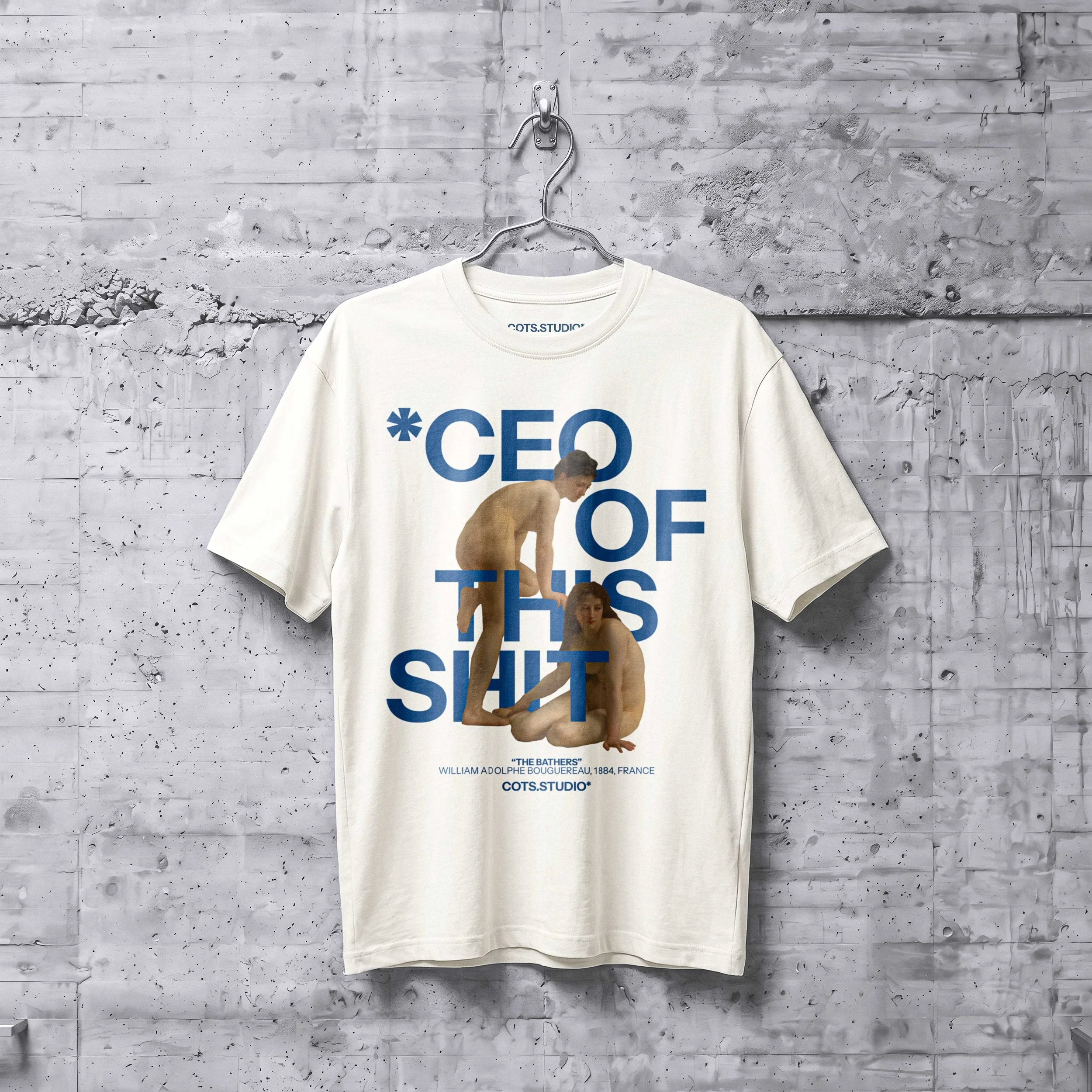 BATHERS TEE COTS.STUDIO color beige, vista frontale con grafica The Bathers e lettering blu CEO OF THIS SHIT