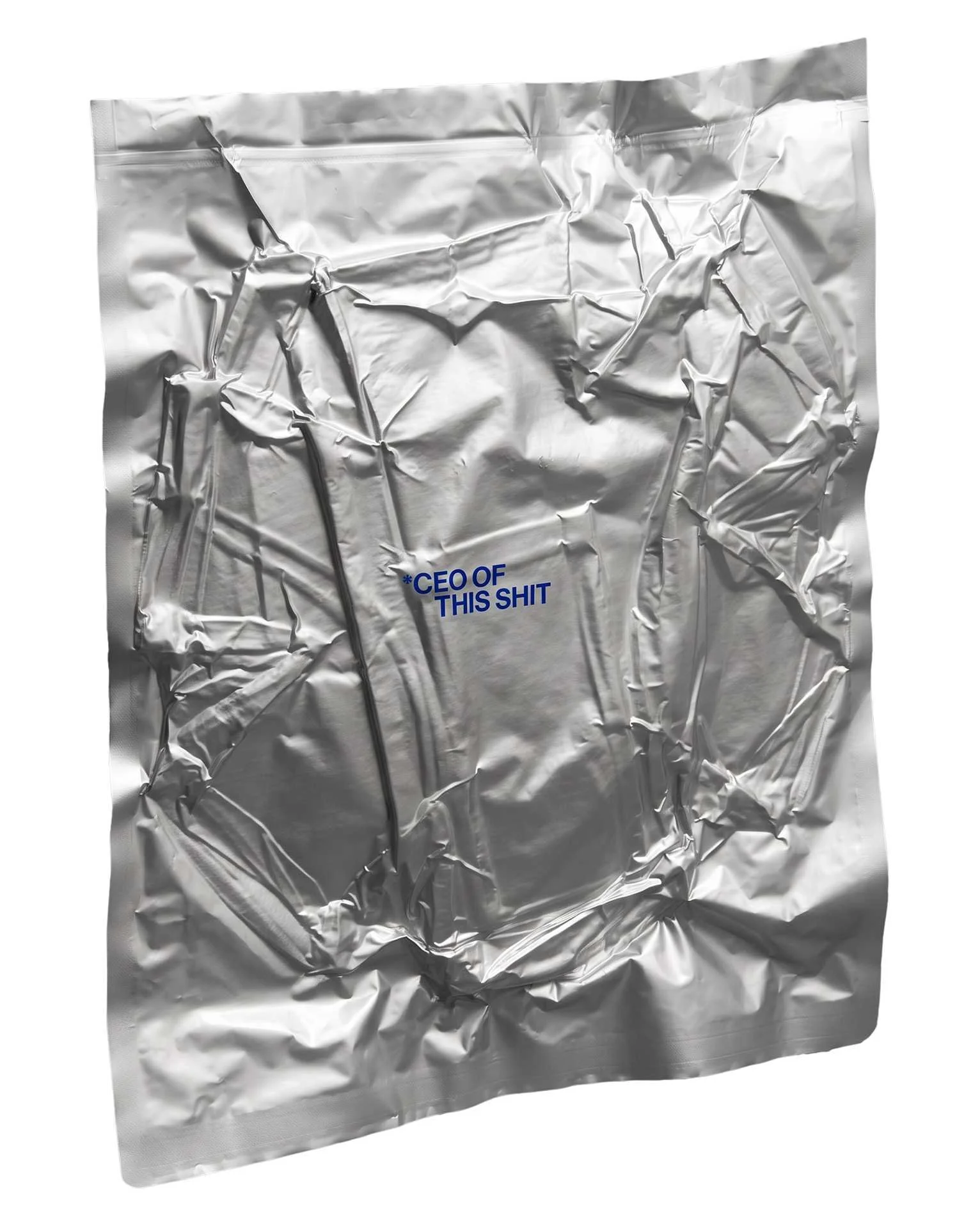 Packaging argentato COTS.STUDIO per ASTERISK BAG con stampa blu CEO OF THIS SHIT