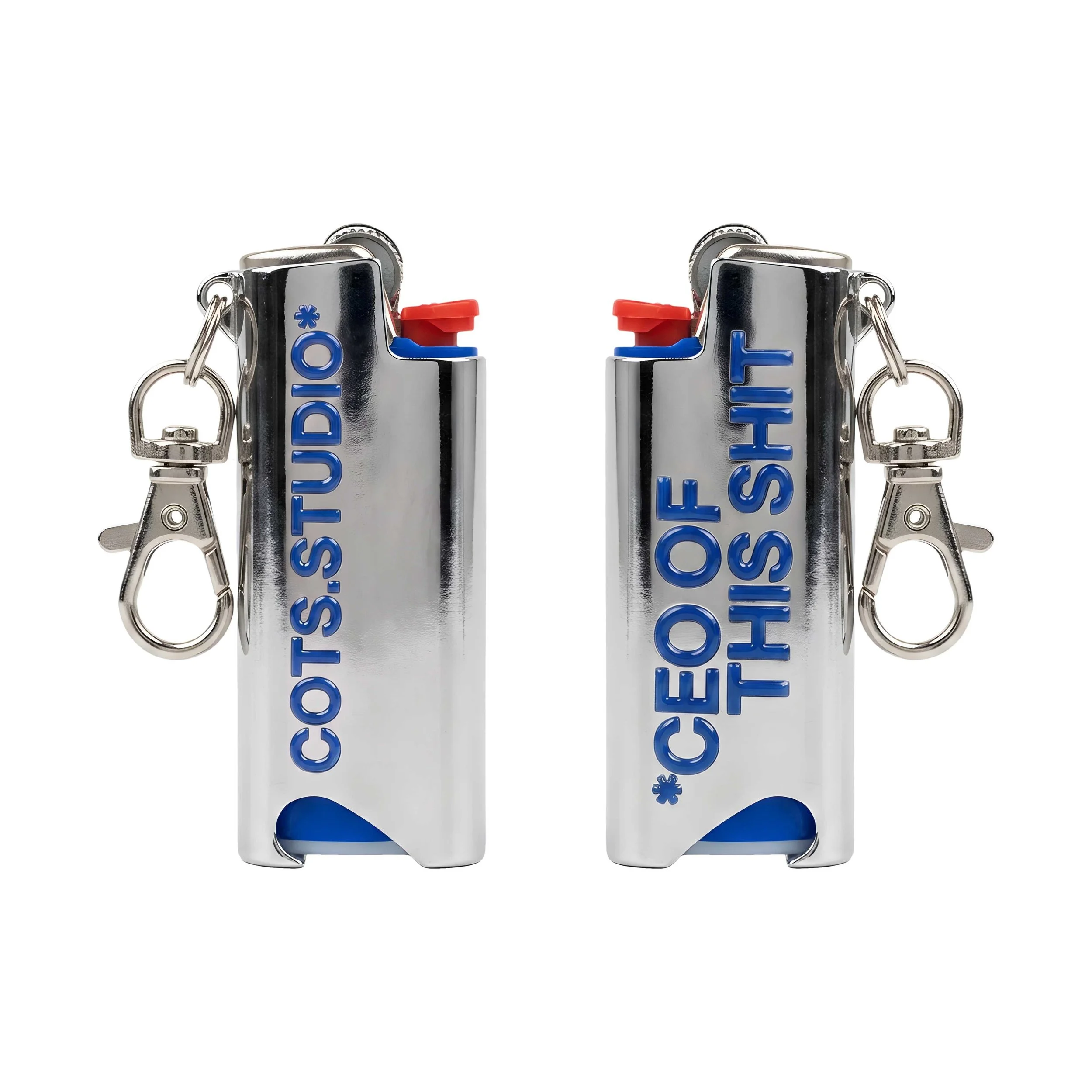 COTS LIGHTER HOLDER cromato, vista fronte e retro con scritte blu COTS.STUDIO e CEO OF THIS SHIT