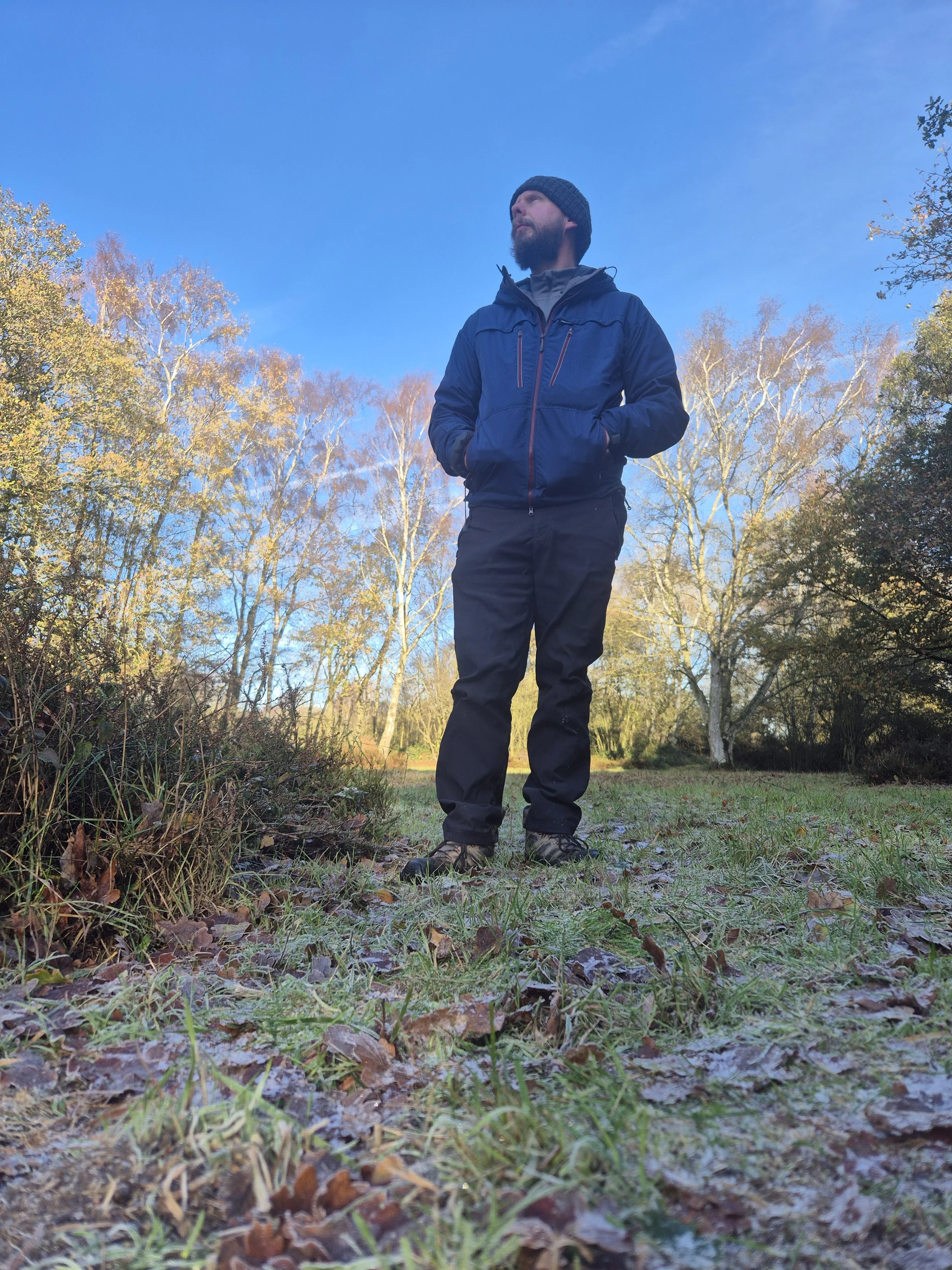 A man with a beard wearing a black knit hat and a dark blue jacket stands outdoors in a forest clearing, looking to the side with his hands in his pockets. Tall trees with some autumn foliage surround him under a bright blue sky.