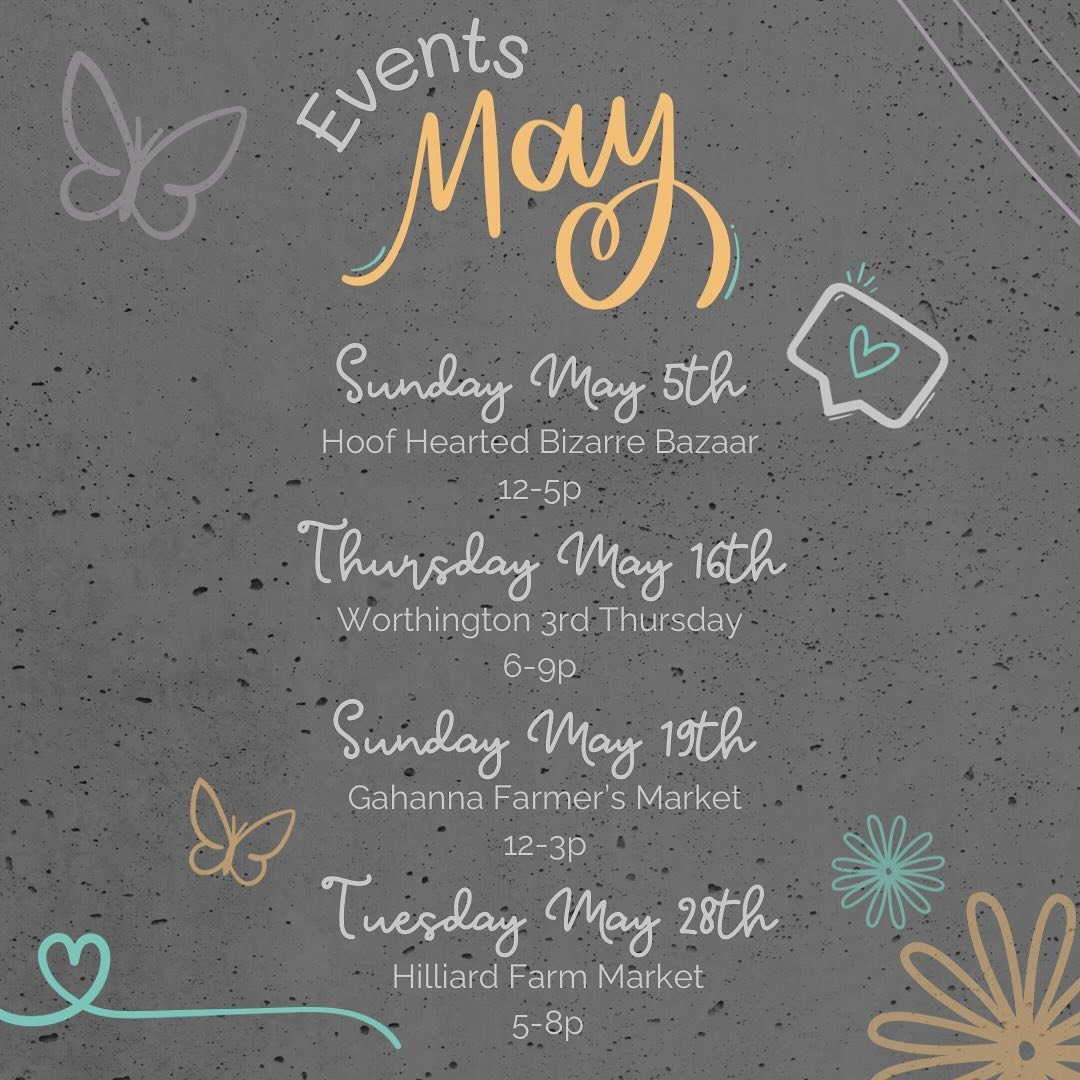 Happy May!!

Summer is knocking at our door, and the pressure is on to get a million and one things done before the kids get out of school. 😅 

This month is also loaded with FOUR fun in person chances to SHOP! 🛍️

Come find me THIS SUNDAY May 5th 