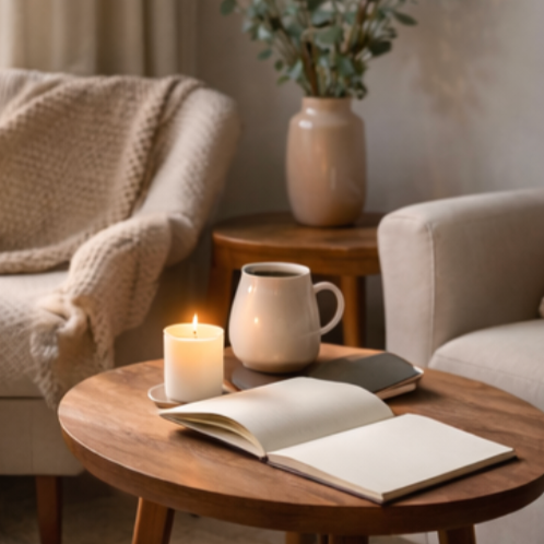 wooden table with coffee mug, candle and book on top