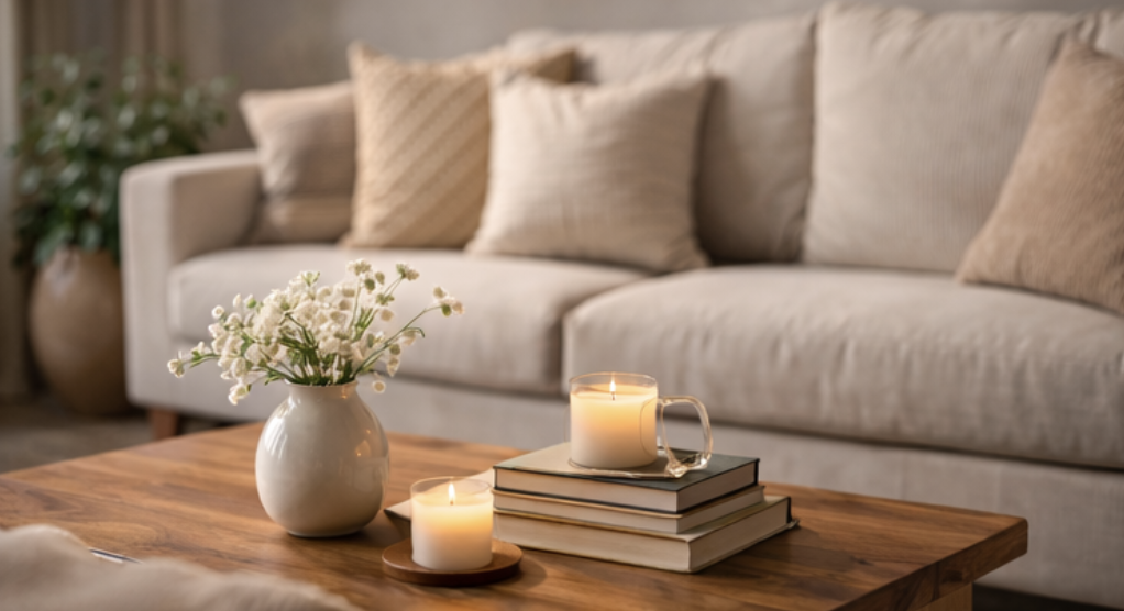 cream couch with wooden coffee table, plant, books and candle on top