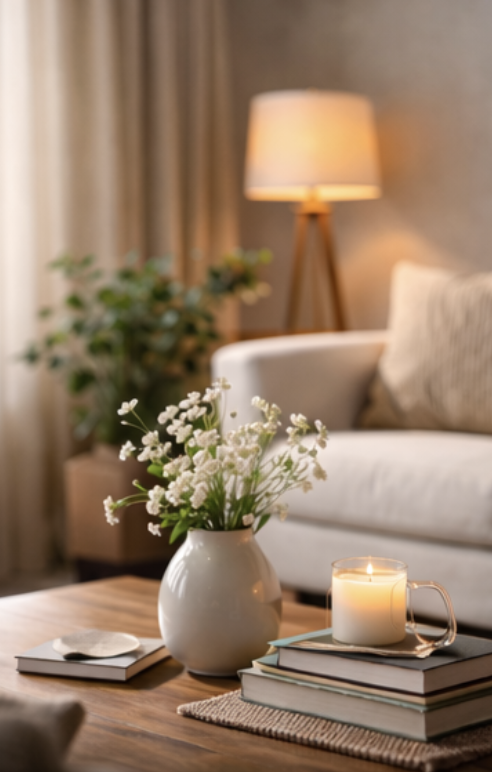cream couch with wooden table with plant and candle on top