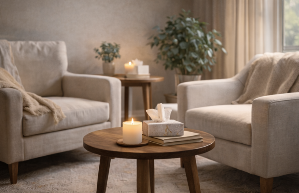 warm interior setting with cream couches and a wooden coffee table with facial tissue and candle