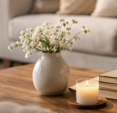 flowers in vase and candle on top of wooden coffee table