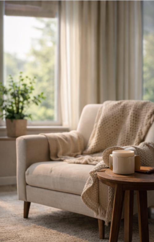 cream soft chair in front of window with plant and coffee mug on side table