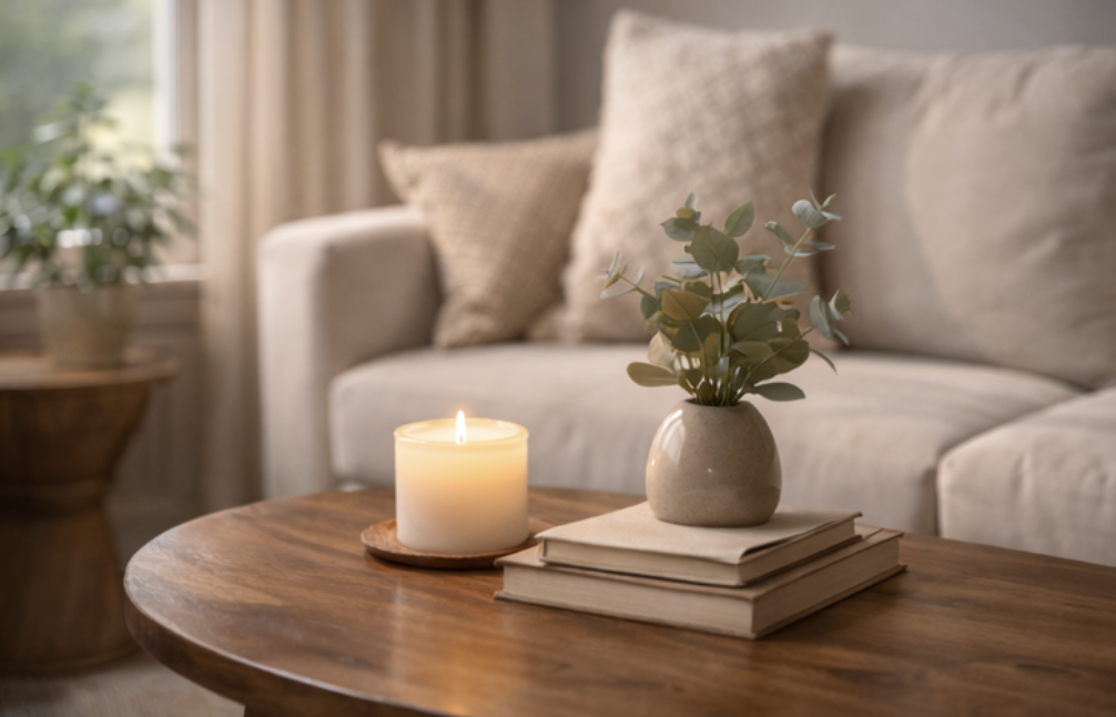 cream couch, with wooden coffee table with candle, plant and books