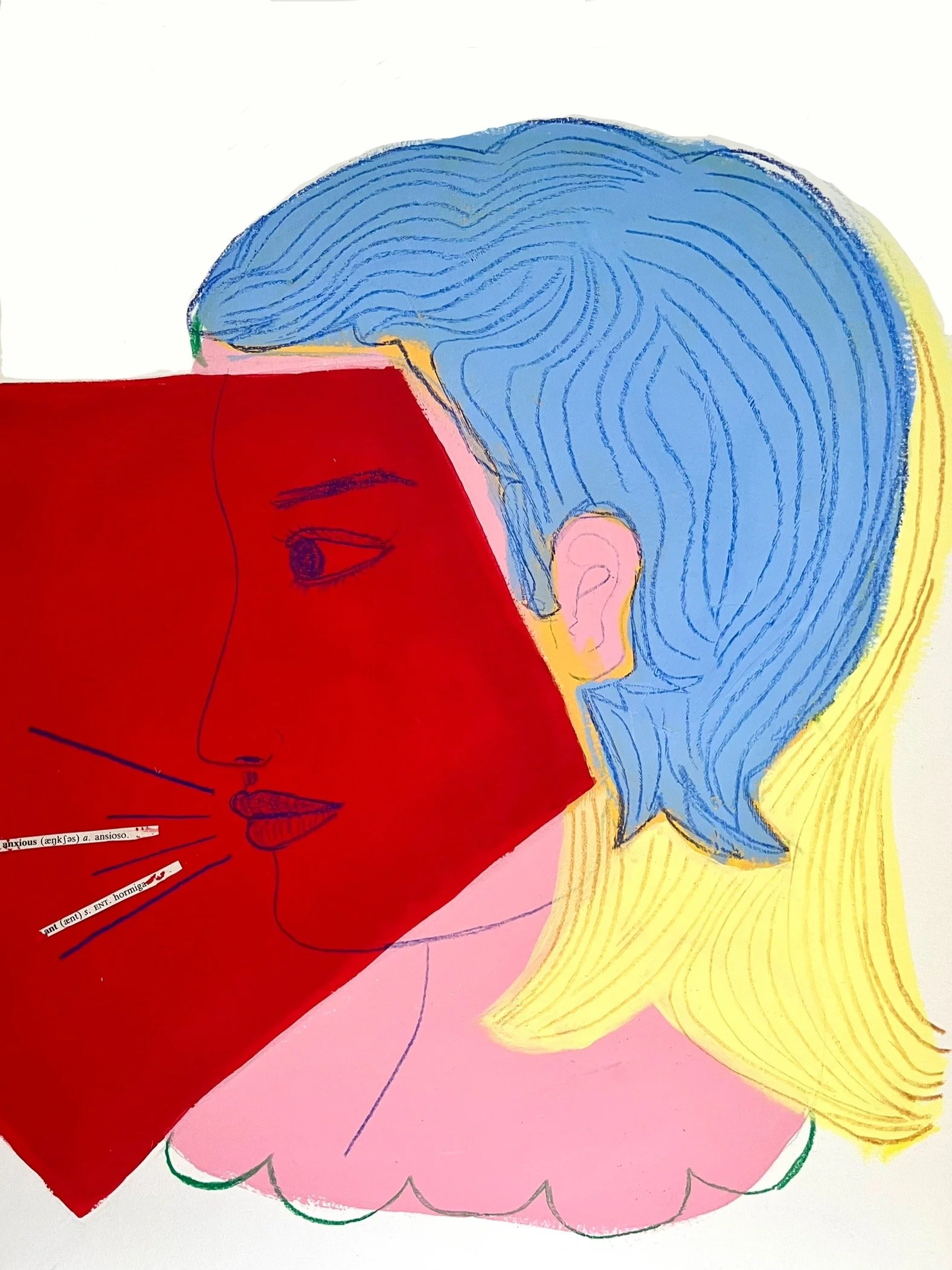 Anxious ant, 2025. Acrílico, lápices de color, y collage sobre papel. 42 x 29.7 cm