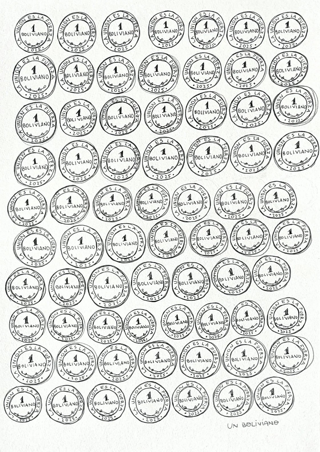 Un boliviano, 2025. Estilógrafo y grafito sobre papel. 42 x 29.7 cm 
de la serie Bicentenario