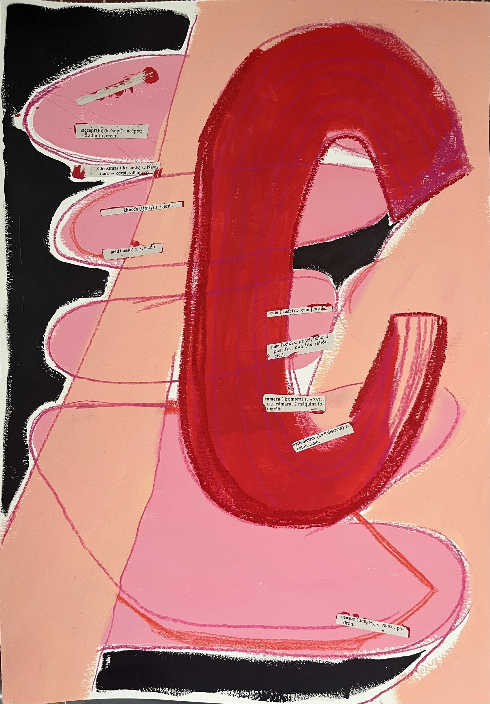 C mayúscula, 2025. Acrílico, lápices de color, y collage sobre papel. 42 x 29.7 cm