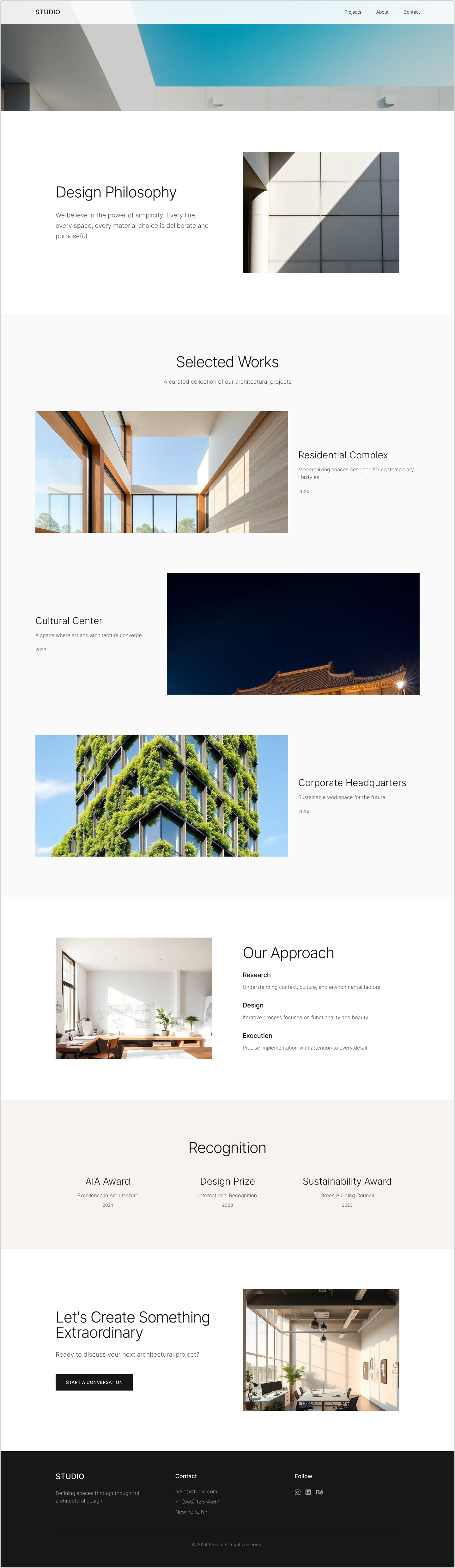 Modern architecture portfolio website design featuring a clean layout, selected works, design philosophy, and image-driven sections built for architecture studios and web design services.