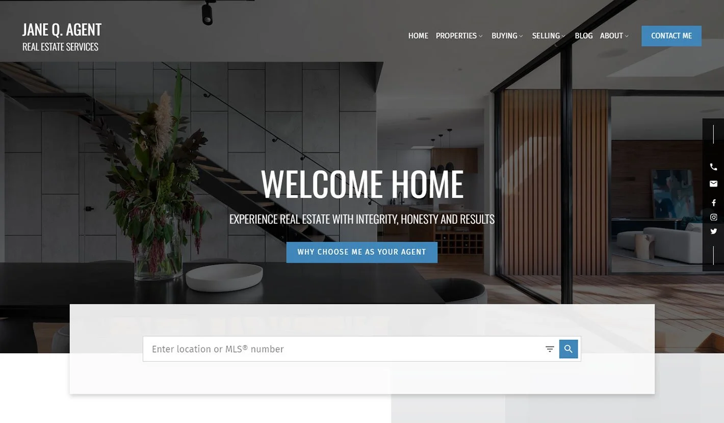 Homepage of a real estate website with a modern interior background, featuring a staircase, plants, and large glass doors. Text overlay says 'Welcome Home' and 'Experience real estate with integrity, honesty and results.'