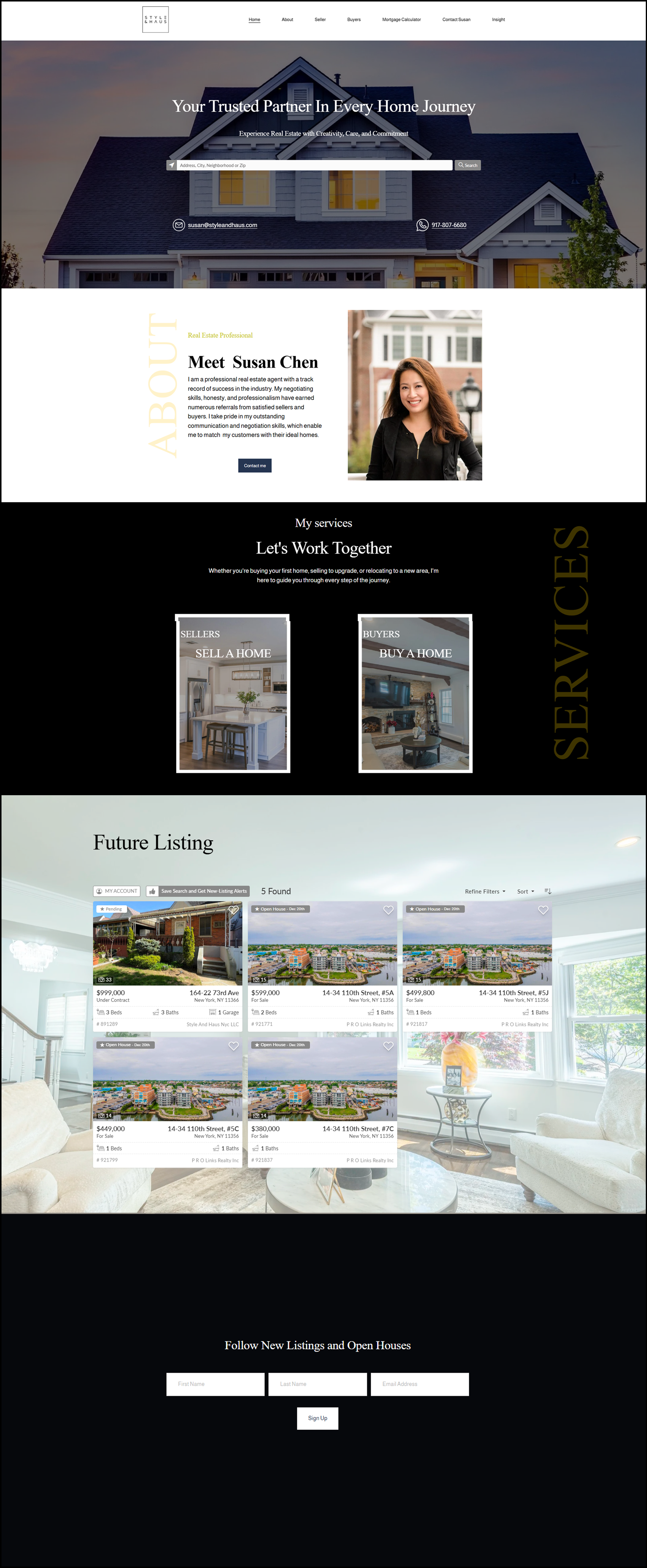 Personal real estate agent website design highlighting agent profile, services, and featured home listings.
