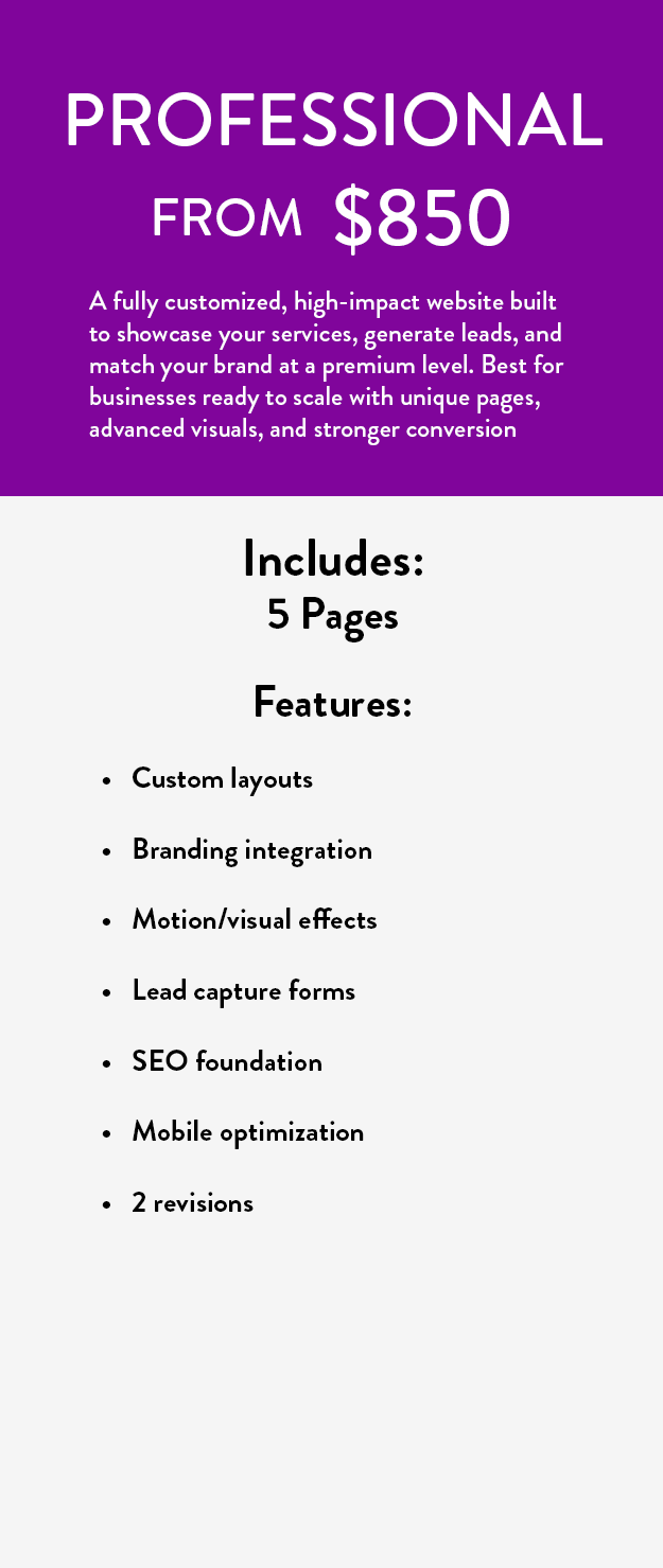 Advertisement for professional website design services starting at $850, offering 5 customizable pages with features like branding, motion effects, lead capture forms, SEO, mobile optimization, and two revisions.