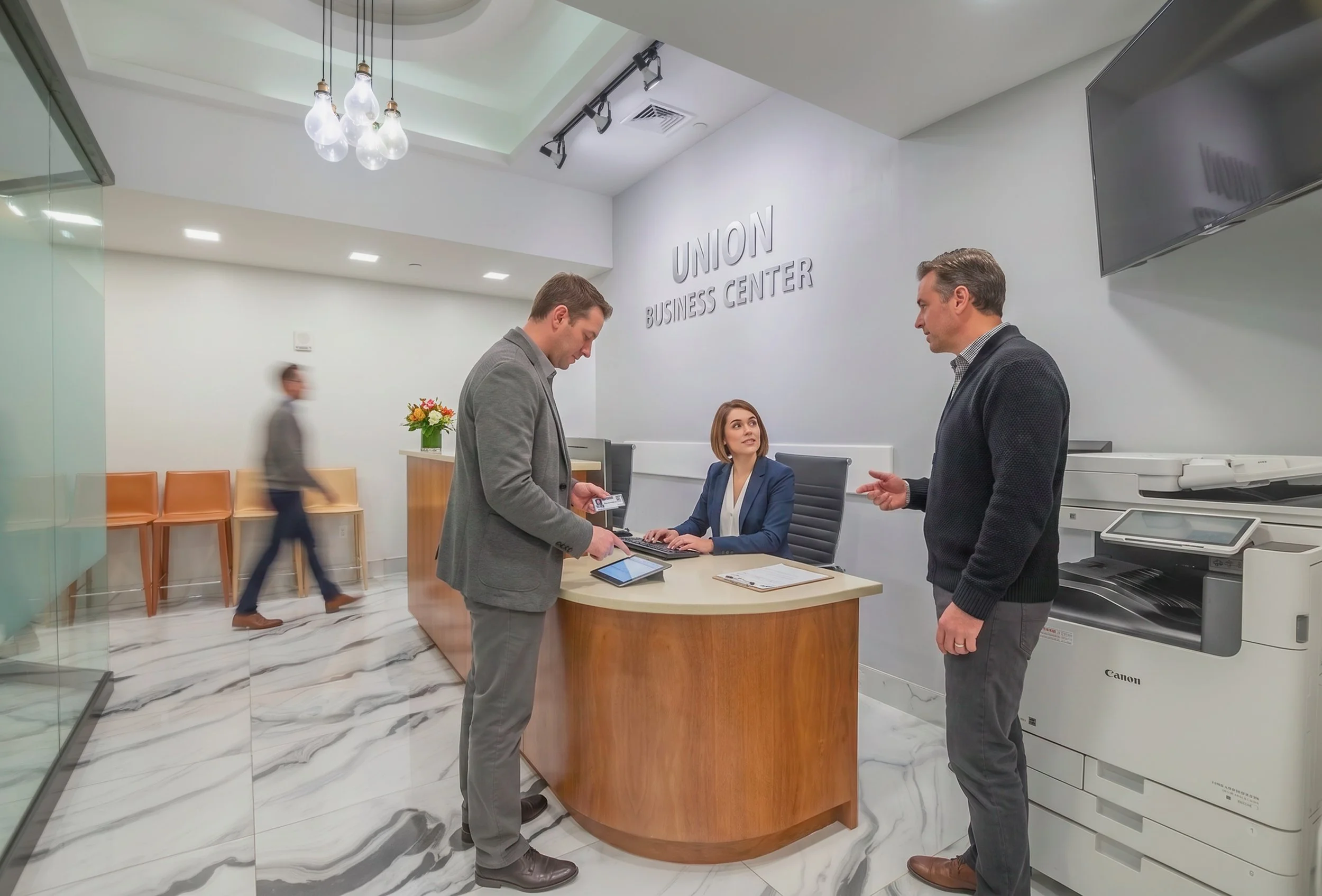 Commercial interior photography of Union Business Center reception area — NYC architectural photographer Palma Design