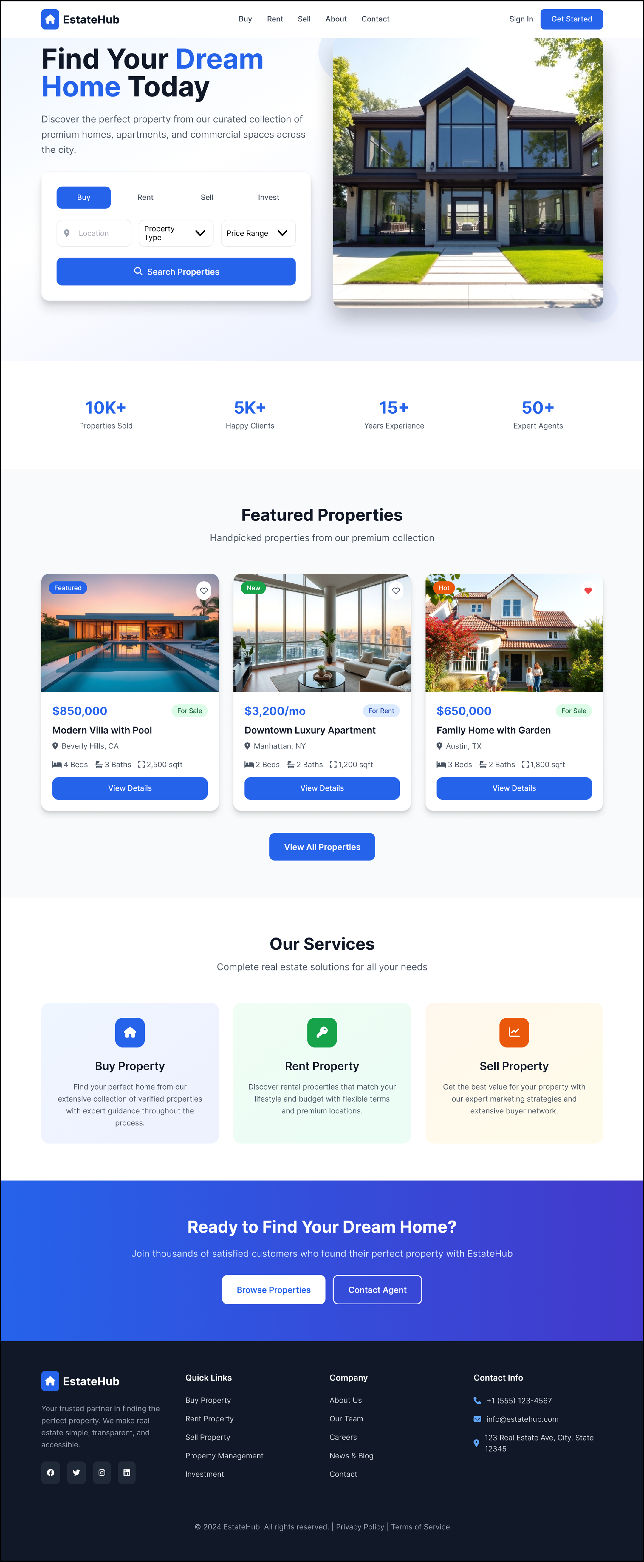 High-performing real estate web design showcasing property listings, search functionality, and conversion-focused layout.