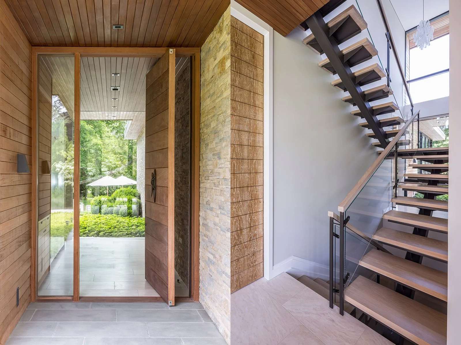 Modern entryway pivot door floating staircase Hamptons — Palma Design