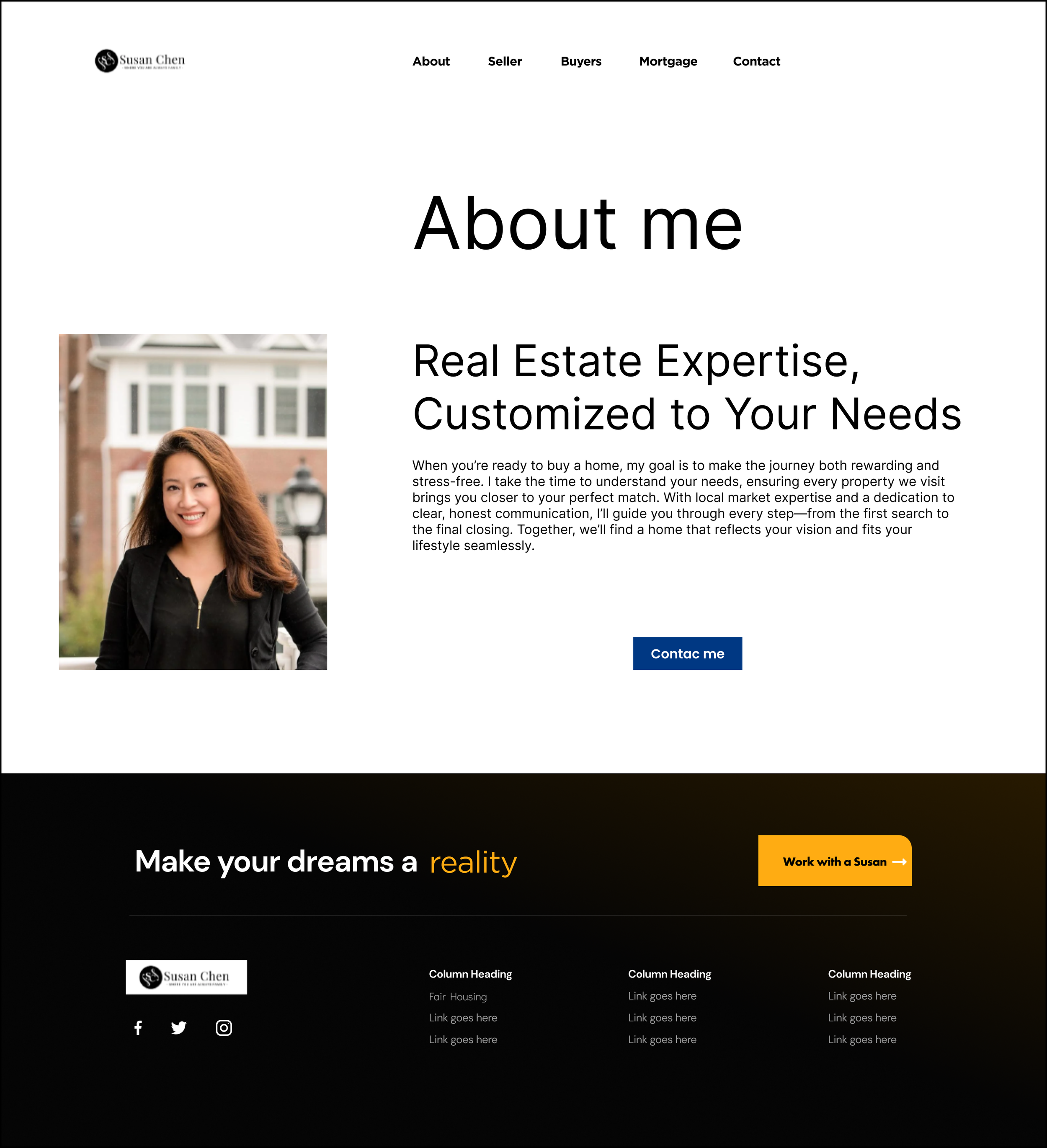 A real estate website homepage featuring a woman with long brown hair and a black blazer, welcoming visitors, with navigation menu options at the top, and sections promoting real estate services and contact information.