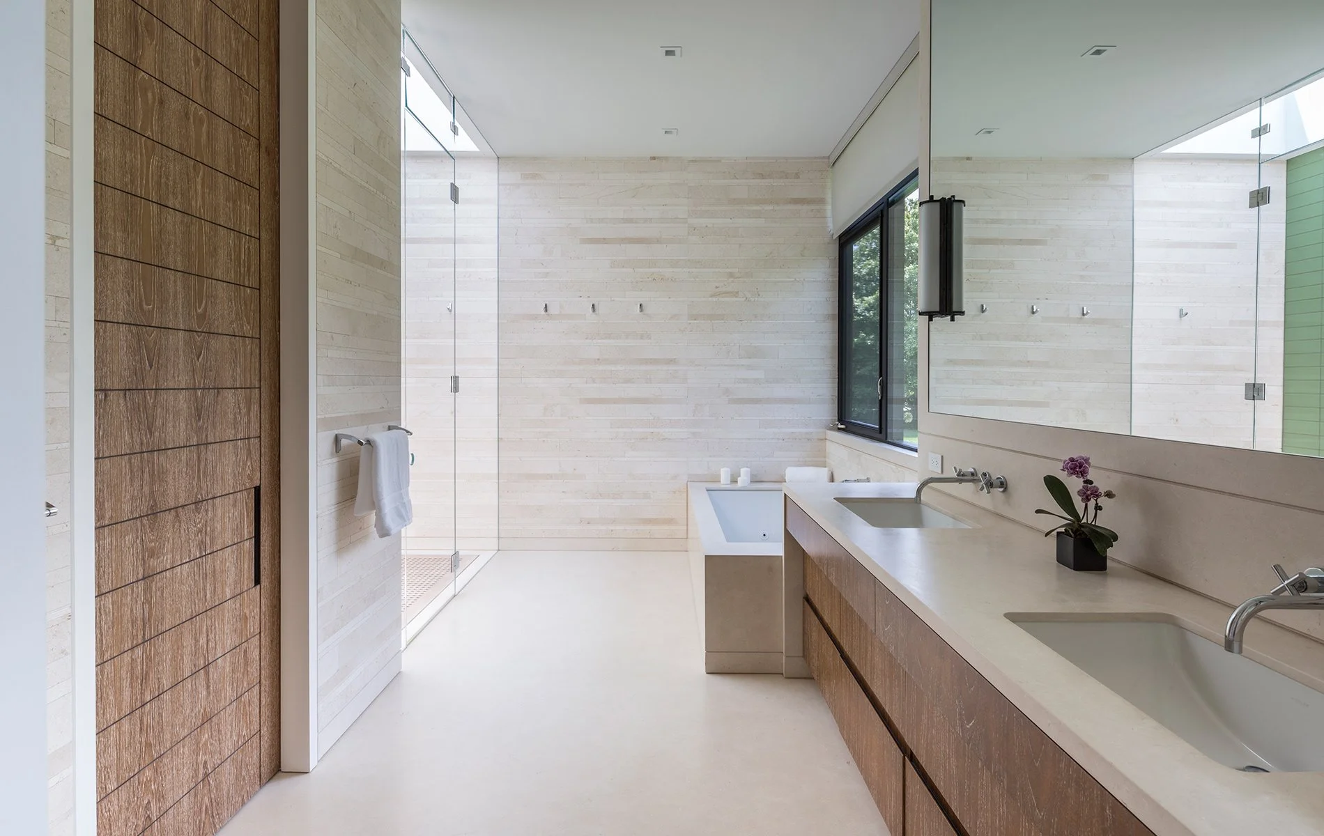 Luxury bathroom double vanity walk-in shower Hamptons