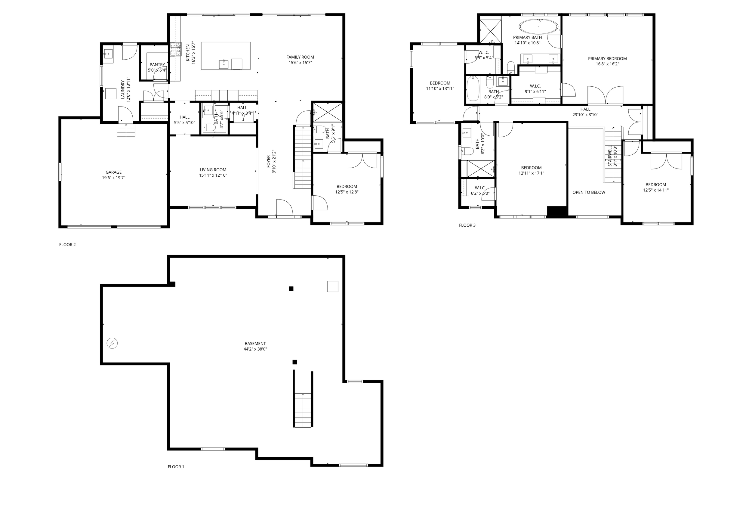 Professional real estate floor plan showing multiple levels of a home with labeled rooms and dimensions.