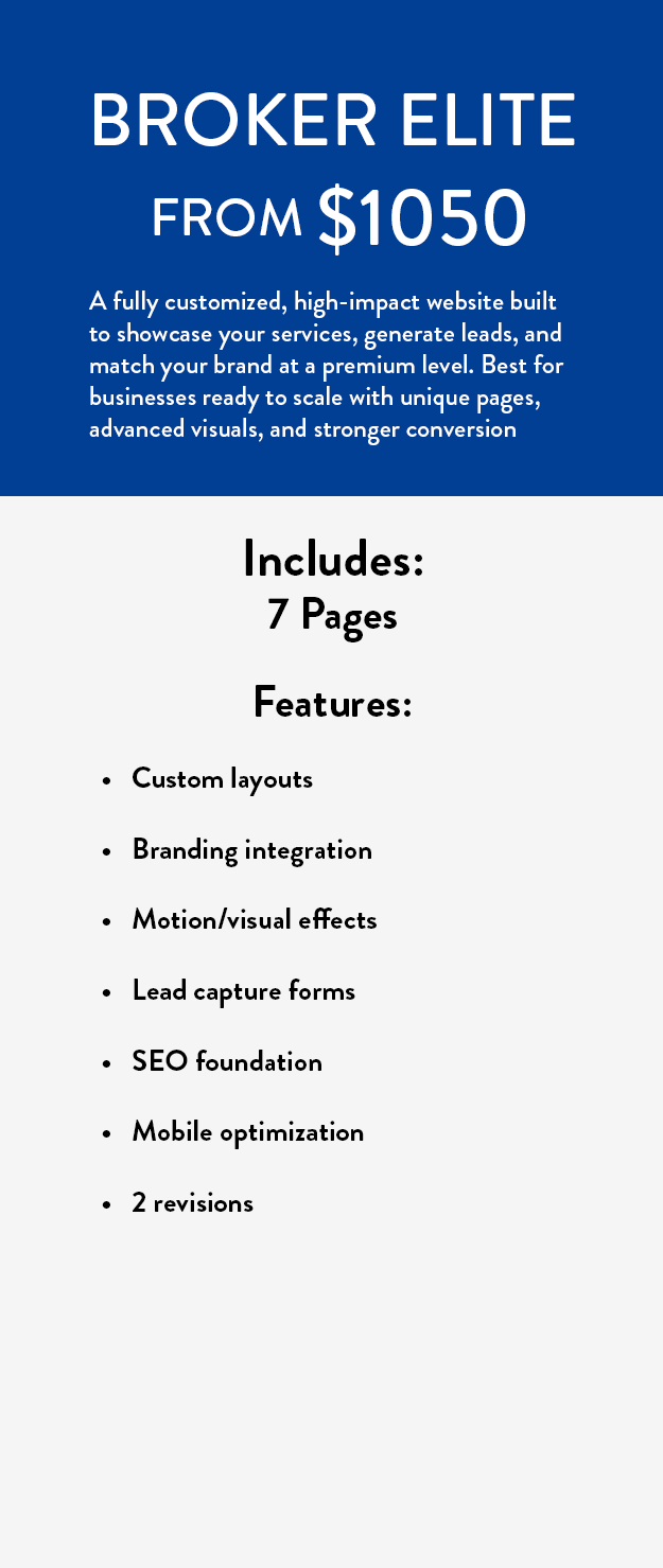 Advertisement for a broker elite website package starting at $1,050, featuring 7 custom pages, branding, motion effects, lead forms, SEO, mobile optimization, and two revisions.