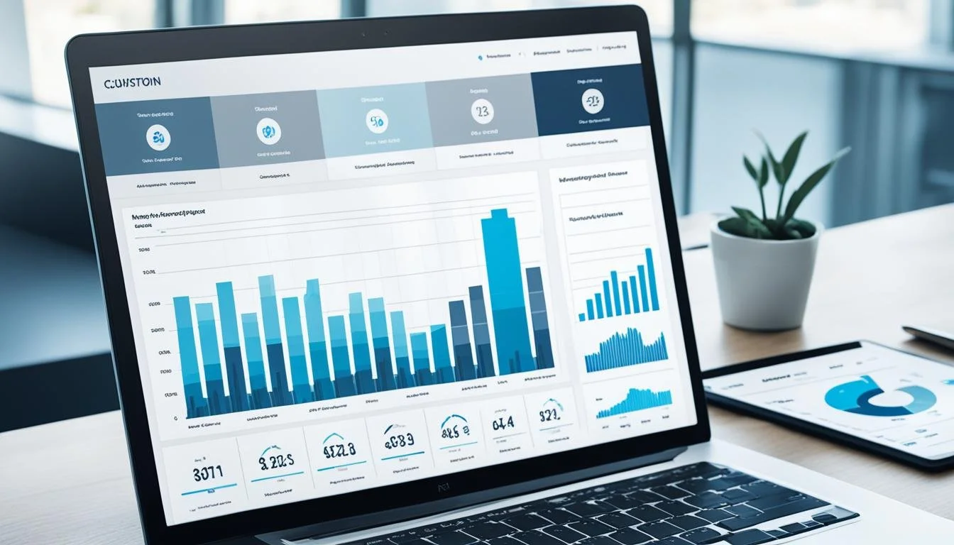 Laptop displaying SEO analytics dashboard with rising traffic charts for real estate lead generation.