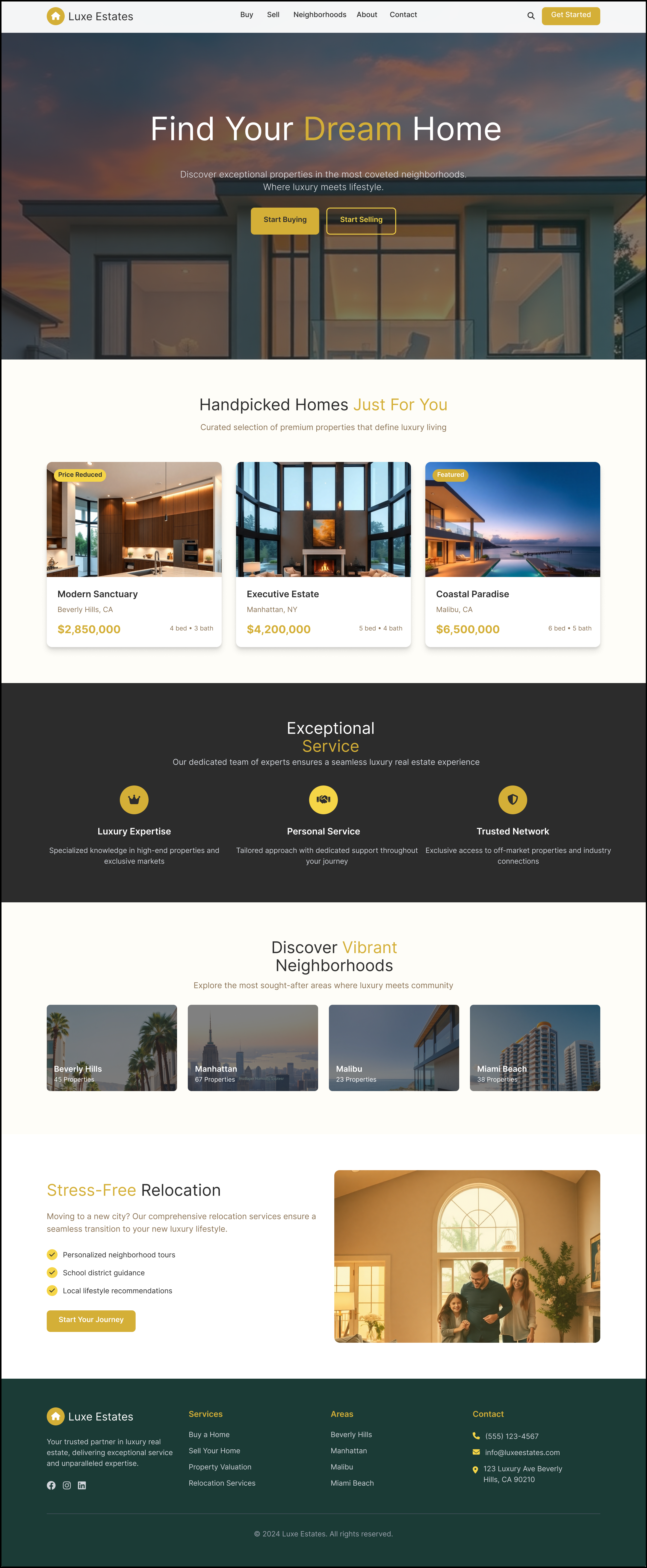 Luxury real estate website design featuring a modern homepage layout with premium property listings, gold-accented calls to action, neighborhood discovery, and relocation services focused on user experience and conversions.