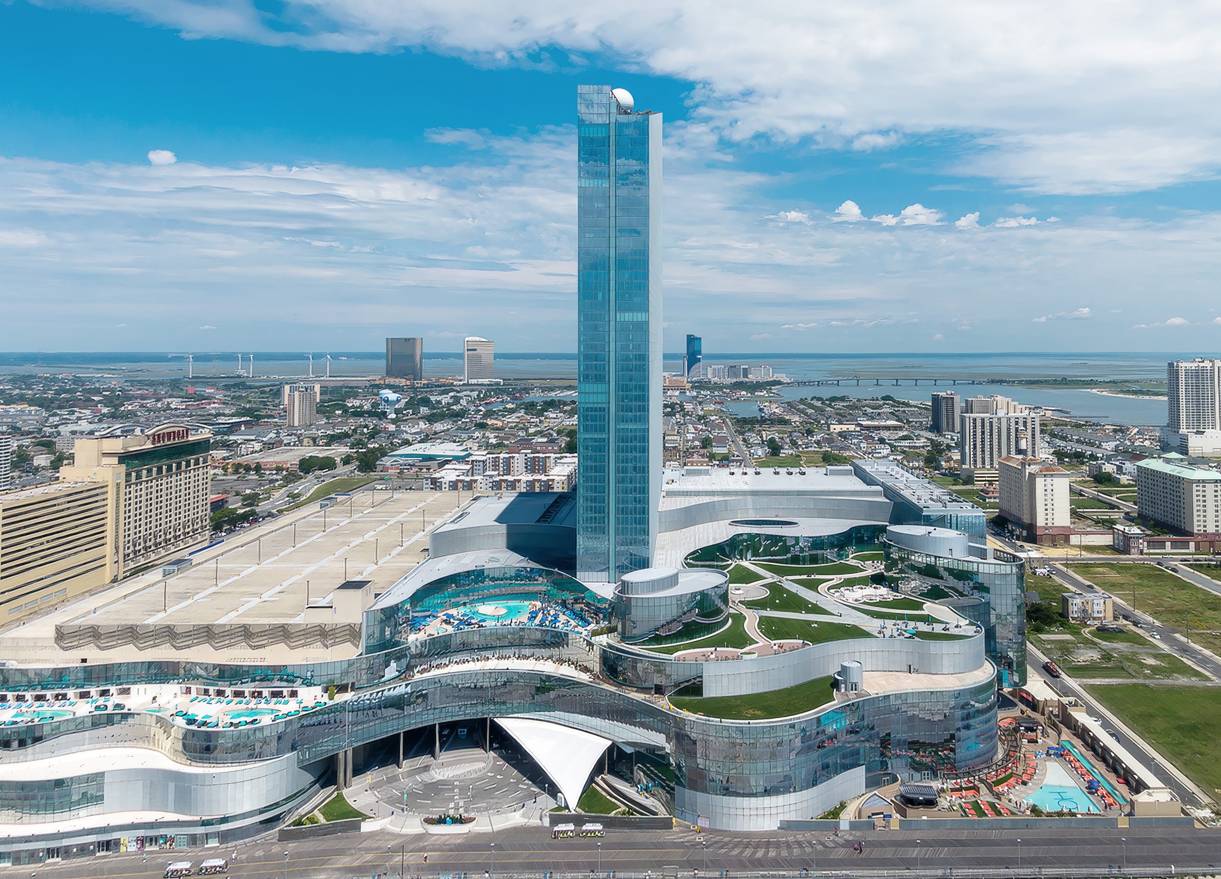 Aerial architectural view of Ocean Casino Resort and the surrounding Atlantic City coastline in New Jersey.