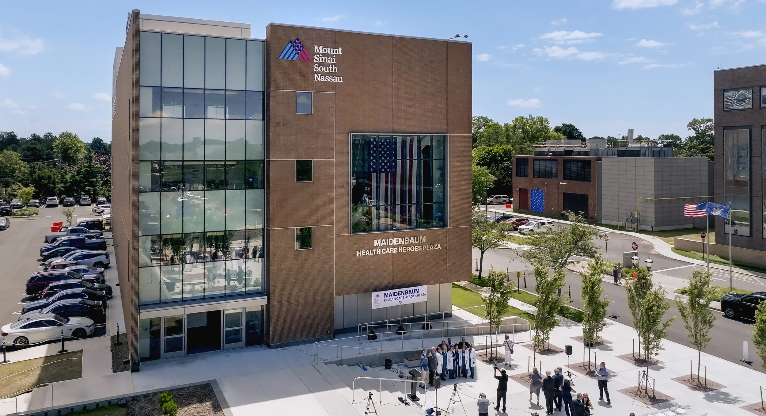 Aerial event documentation of the Healthcare Heroes Plaza dedication ceremony at Mount Sinai South Nassau.
