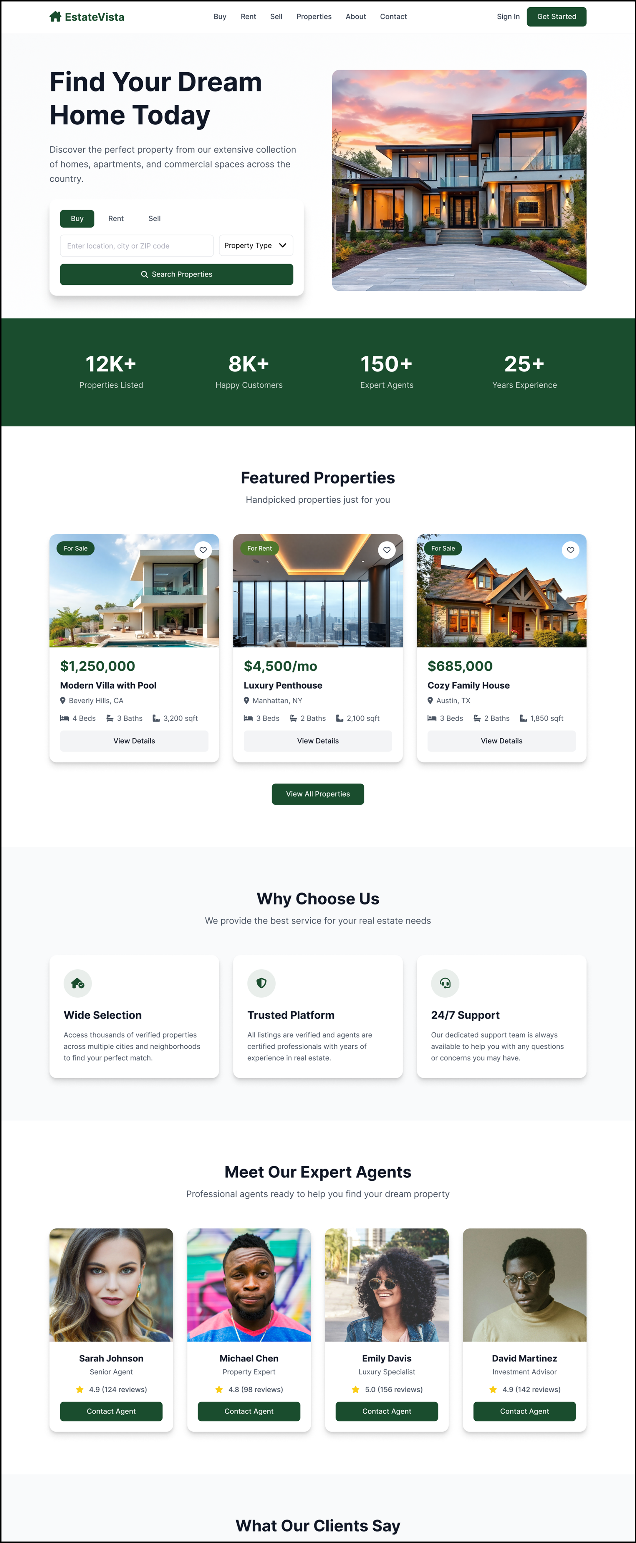 Modern real estate website design with property listings, search functionality, and agent profiles designed for user engagement and conversions.