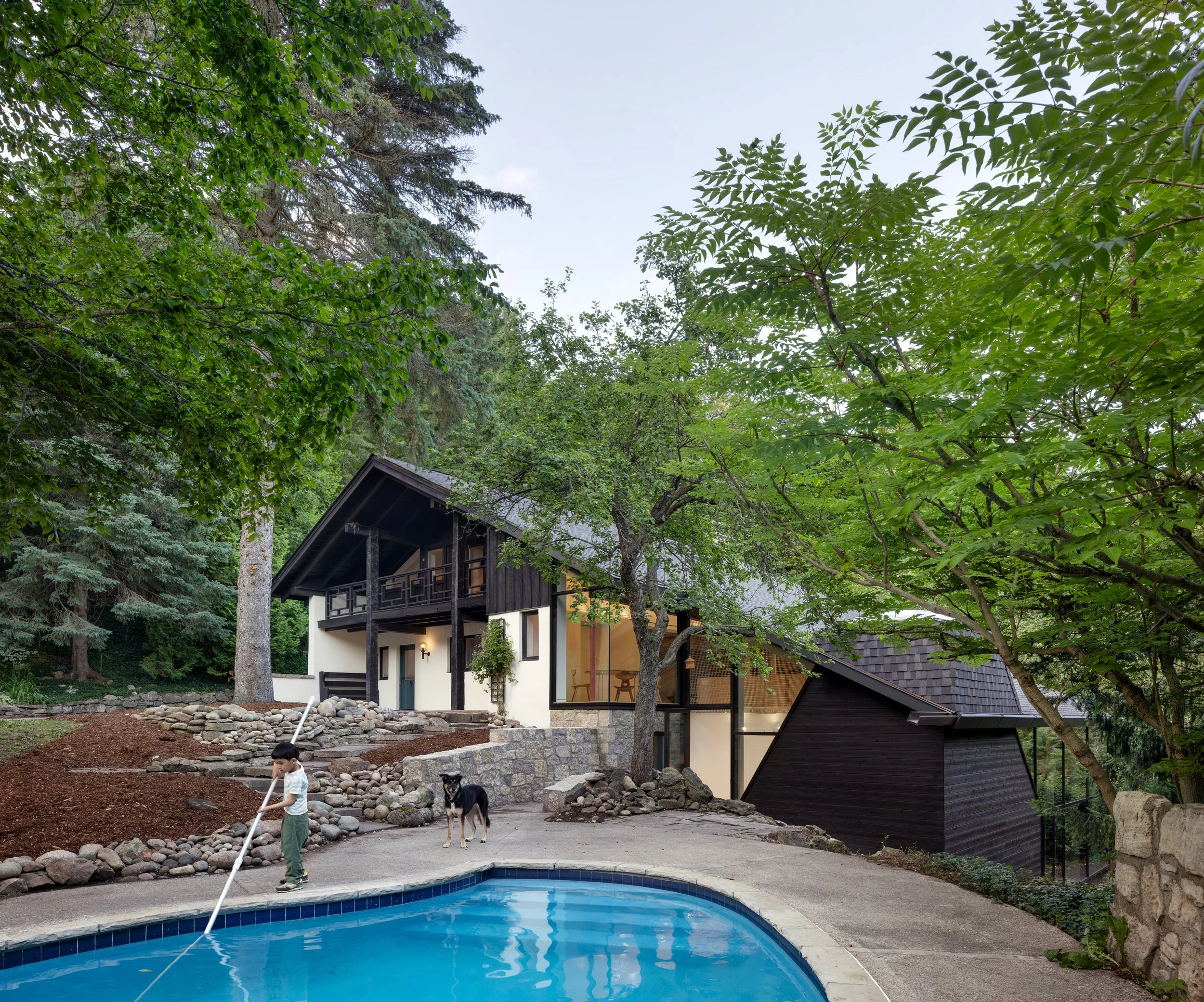 A backyard with lush green trees, a swimming pool, a house with black and white exterior, two children playing with a dog near the pool, and a garden area with rocks and soil.