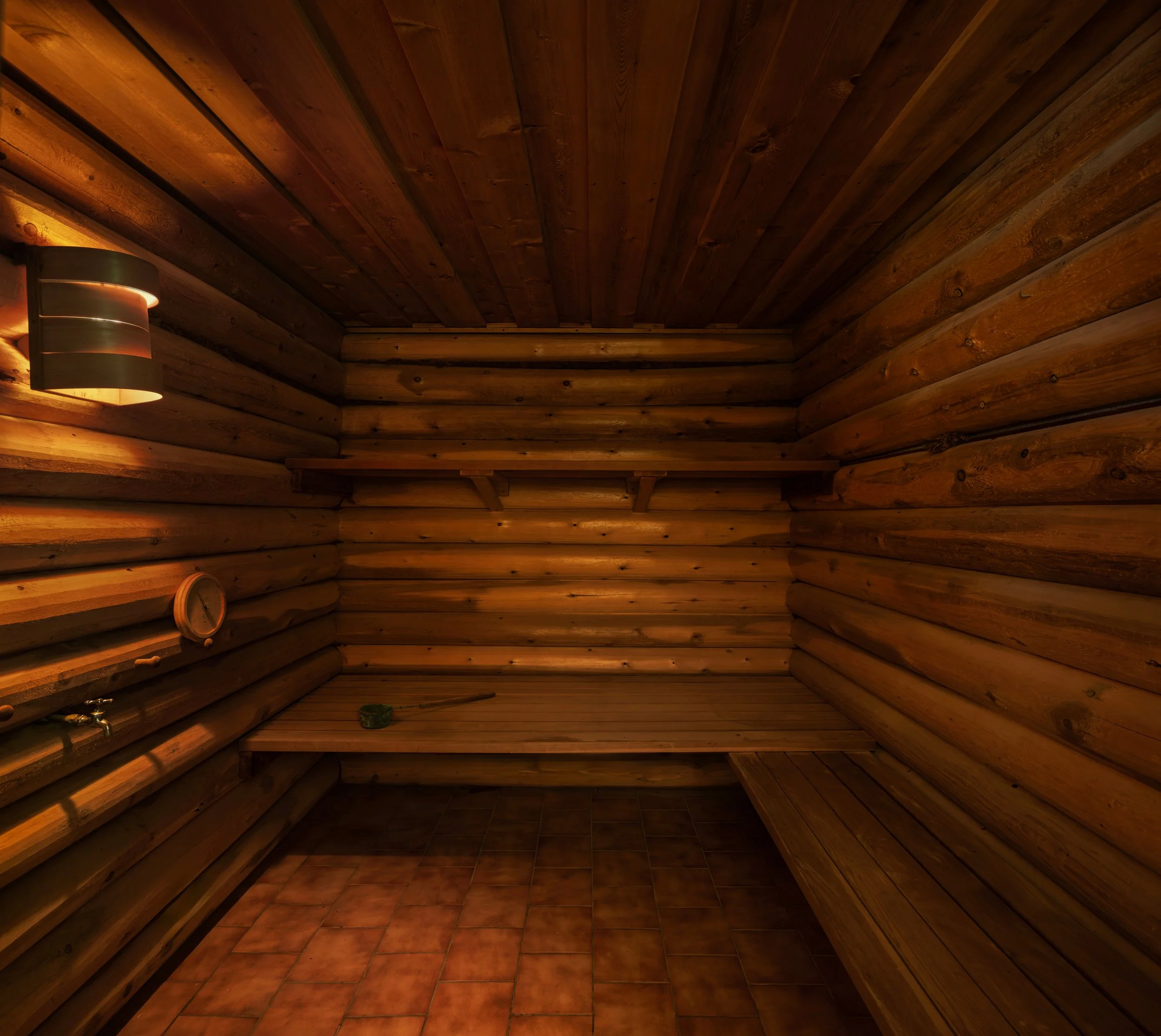 Interior of a wooden sauna with wooden walls and ceiling, a small window, a lamp on the wall, and a tiled floor.