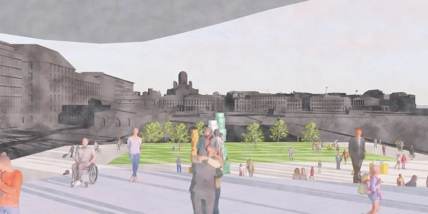 Illustration of a city park with people walking, children playing, and a fountain, surrounded by buildings under a cloudy sky.