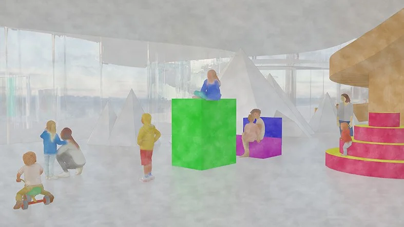 Children playing inside a modern building with geometric structures and colorful blocks, with large glass windows and a cloudy sky outside.