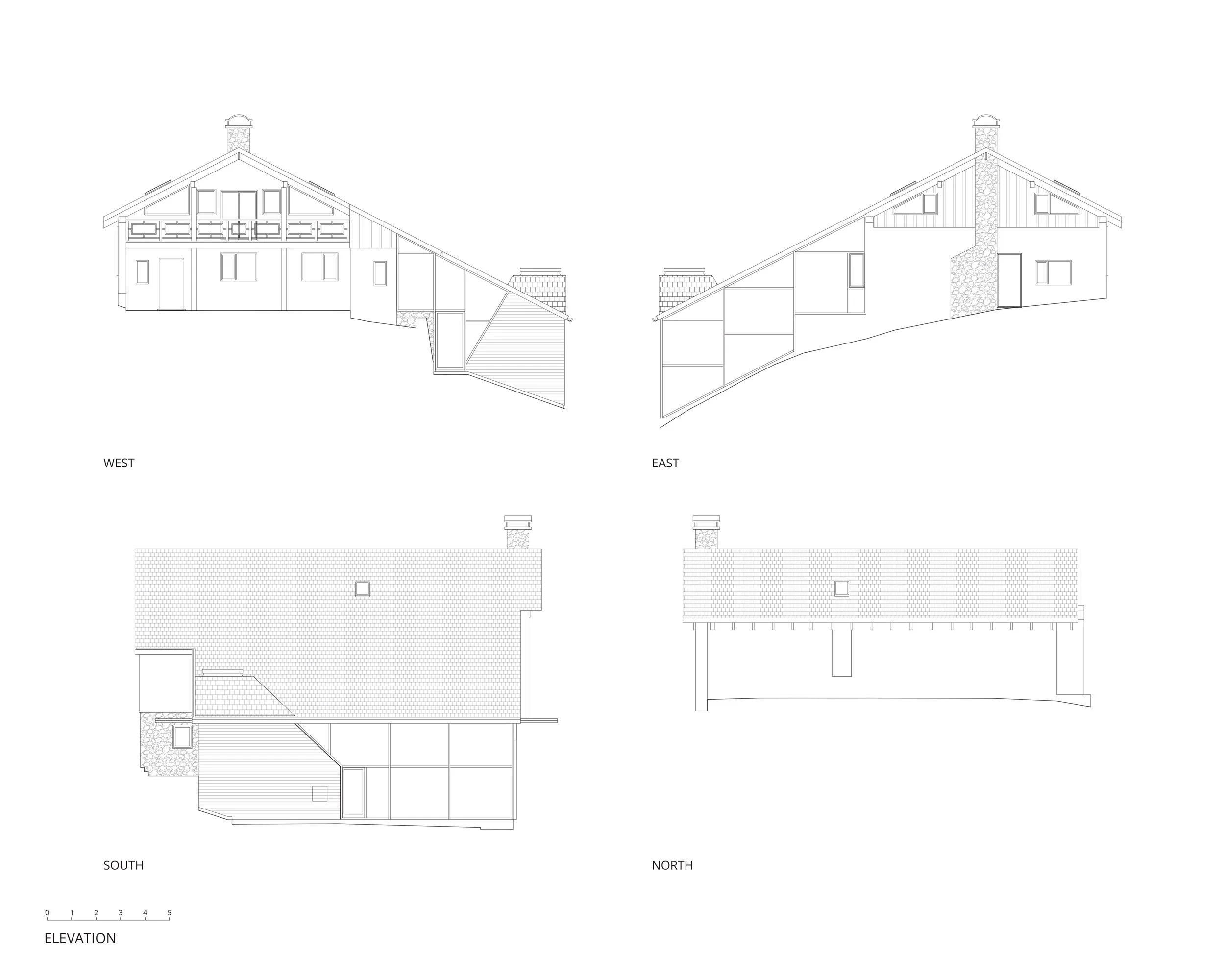 Architectural blueprint of a residential house showing west, east, south, and north elevations with detailed window and roof layouts.