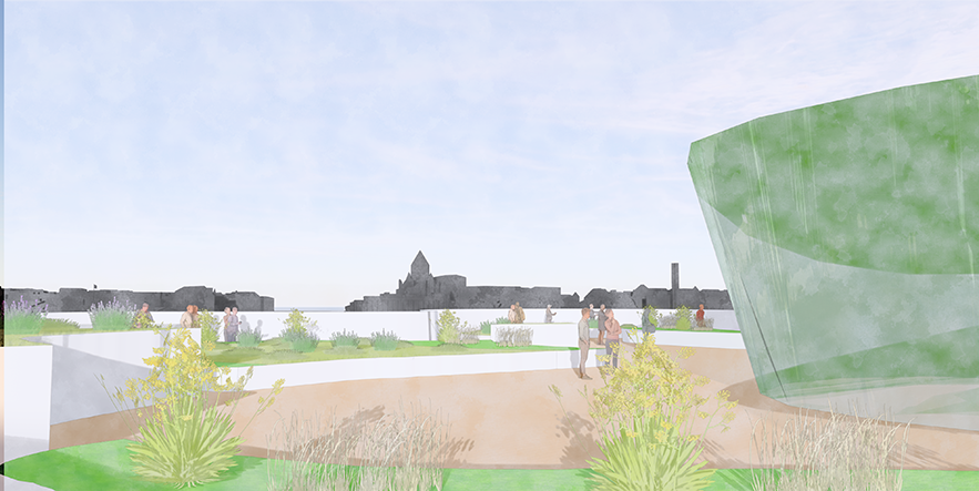 People walking and relaxing in an outdoor area with plants, a large green glass sculpture, and a city skyline in the background.