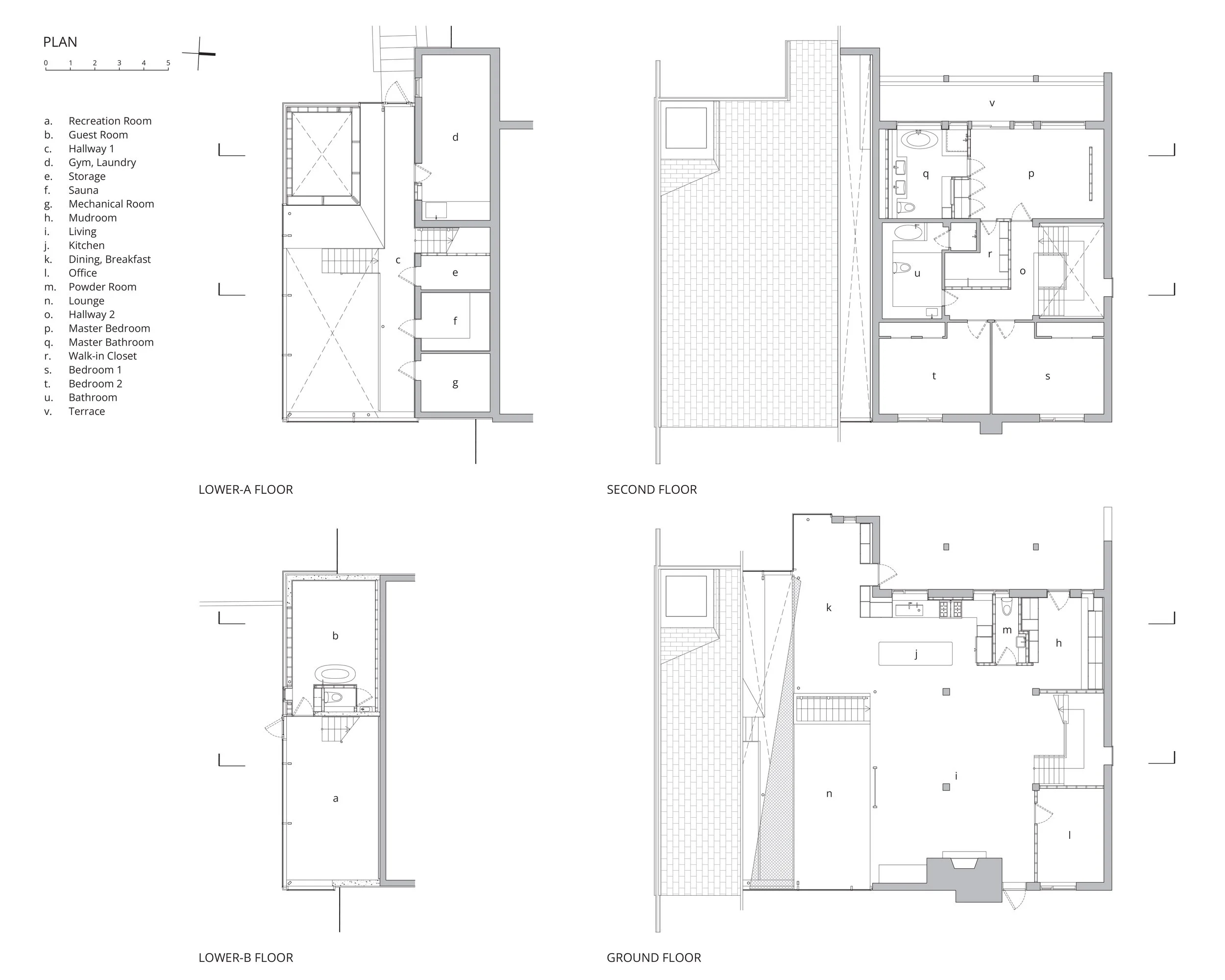Architectural blueprint with floor plans for a multi-story house, showing ground, lower, and second floors with labeled rooms and areas.