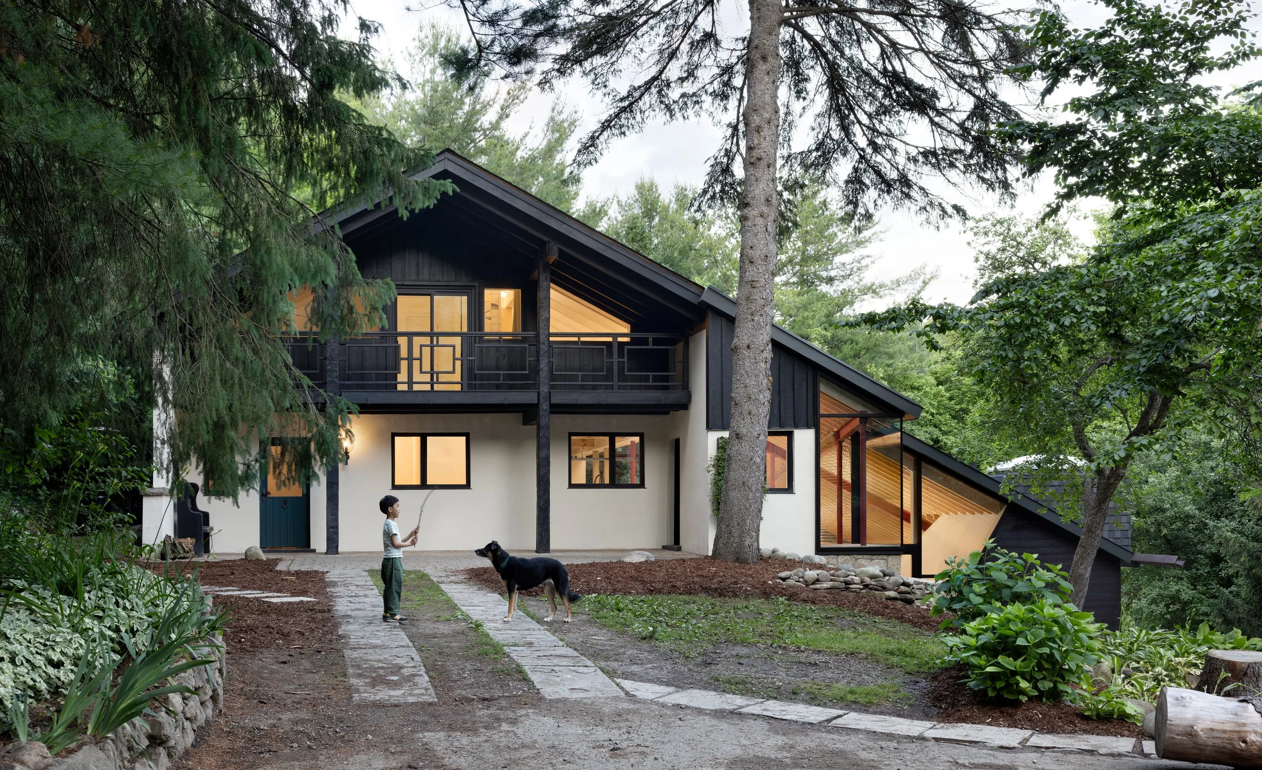 A modern house surrounded by trees with a person and a dog in the yard.
