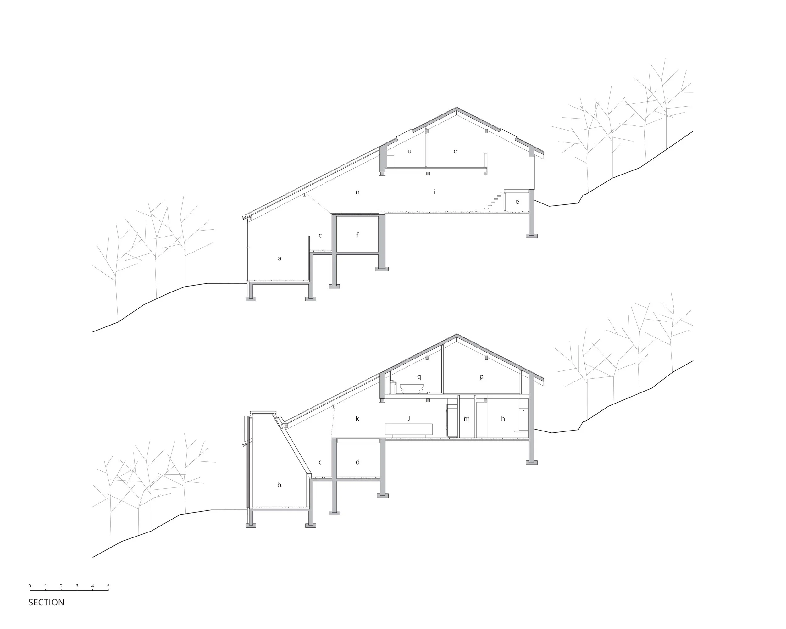 Cross-sectional architectural drawing of a house on a sloped terrain, showing various interior and exterior structural details.