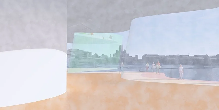 A digital rendering of an indoor pool area with large windows showing an outdoor cityscape with water, trees, and buildings, and a few people near the pool.