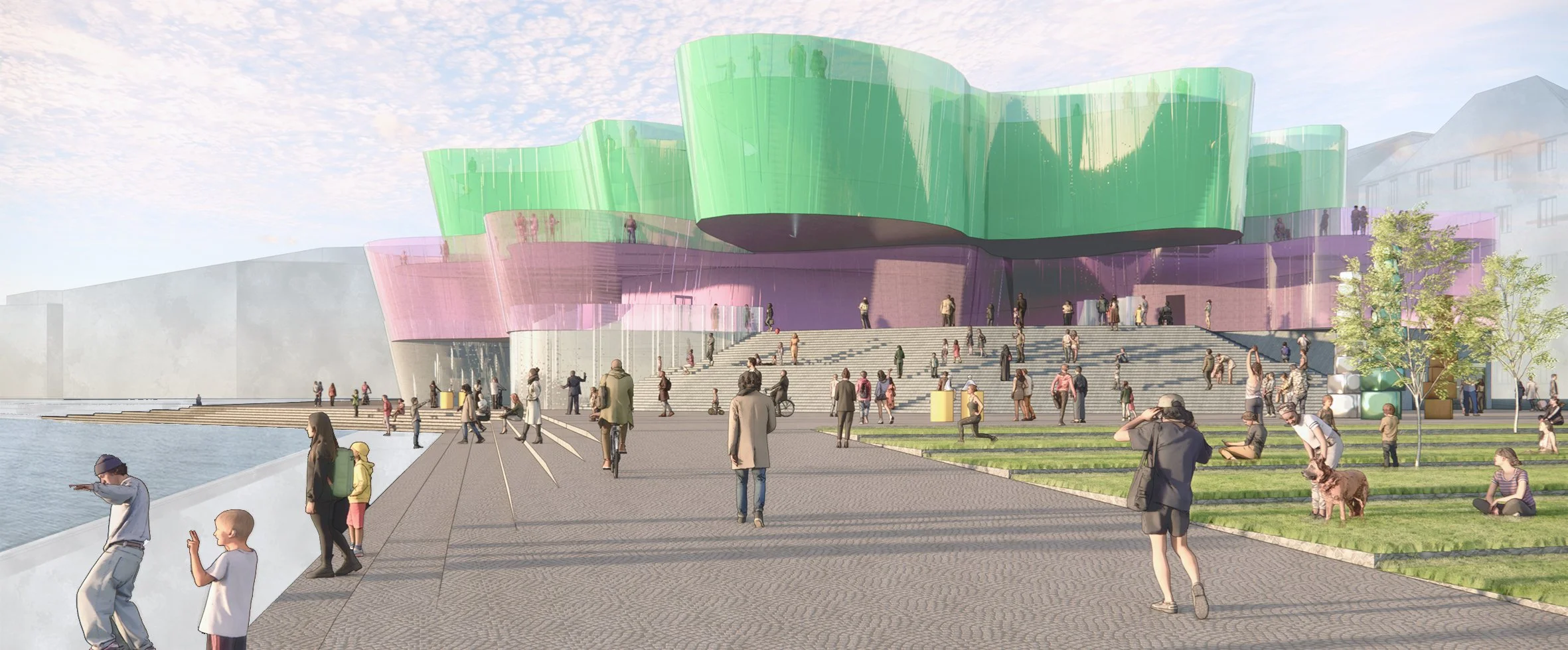 A modern, colorful architectural building with a crowd of people near a water body and stairs leading to the entrance.