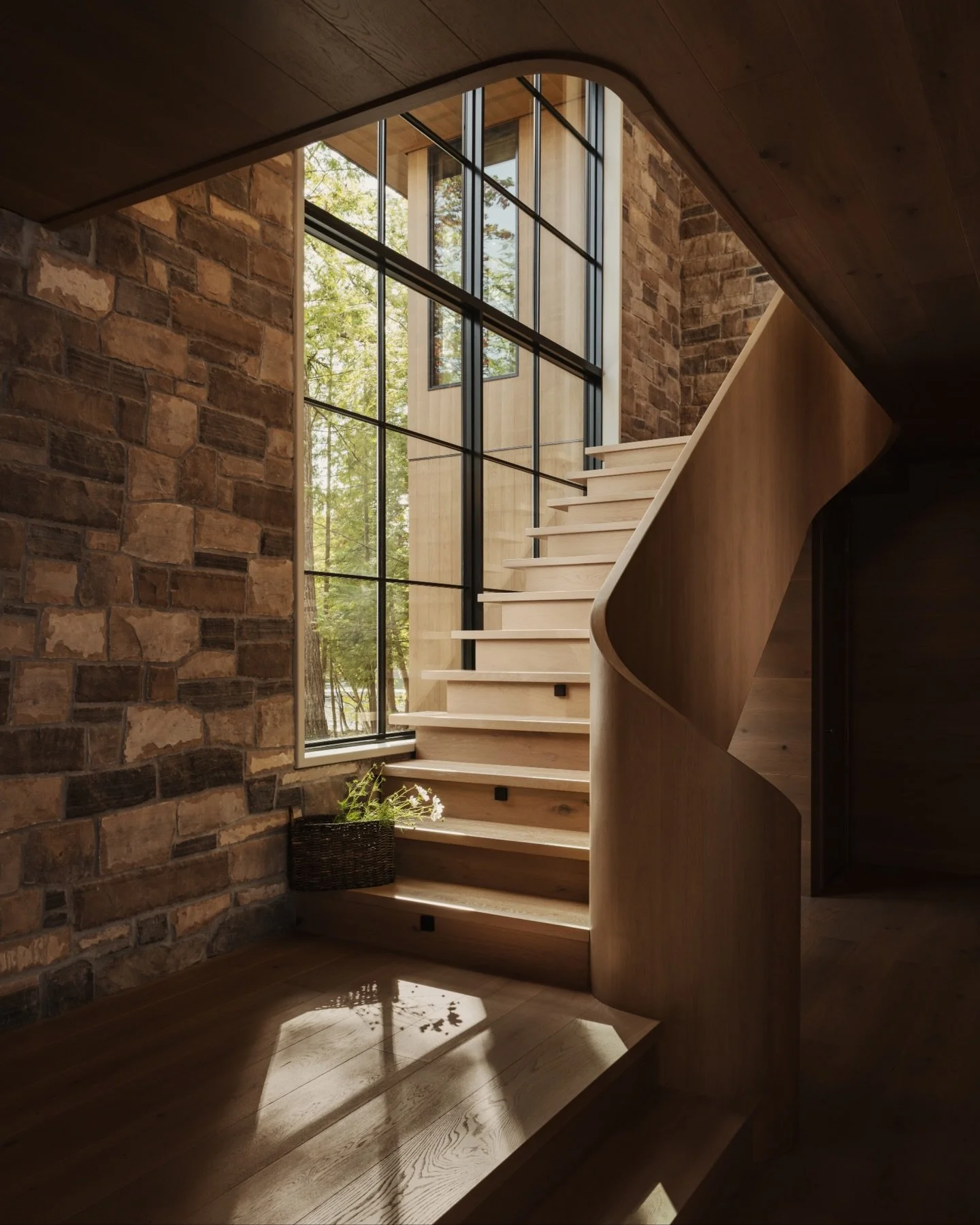 Bend limitations, with a step up in custom lumber products.

Stairs, Stair Parts, &amp; Bannister: Custom Made &amp; Finished by @muskokalumber 

FEATURED MATERIALS
&bull; Ceilings &amp; Walls: Clear Vertical Grain Hemlock
&bull; Flooring &amp; Stair