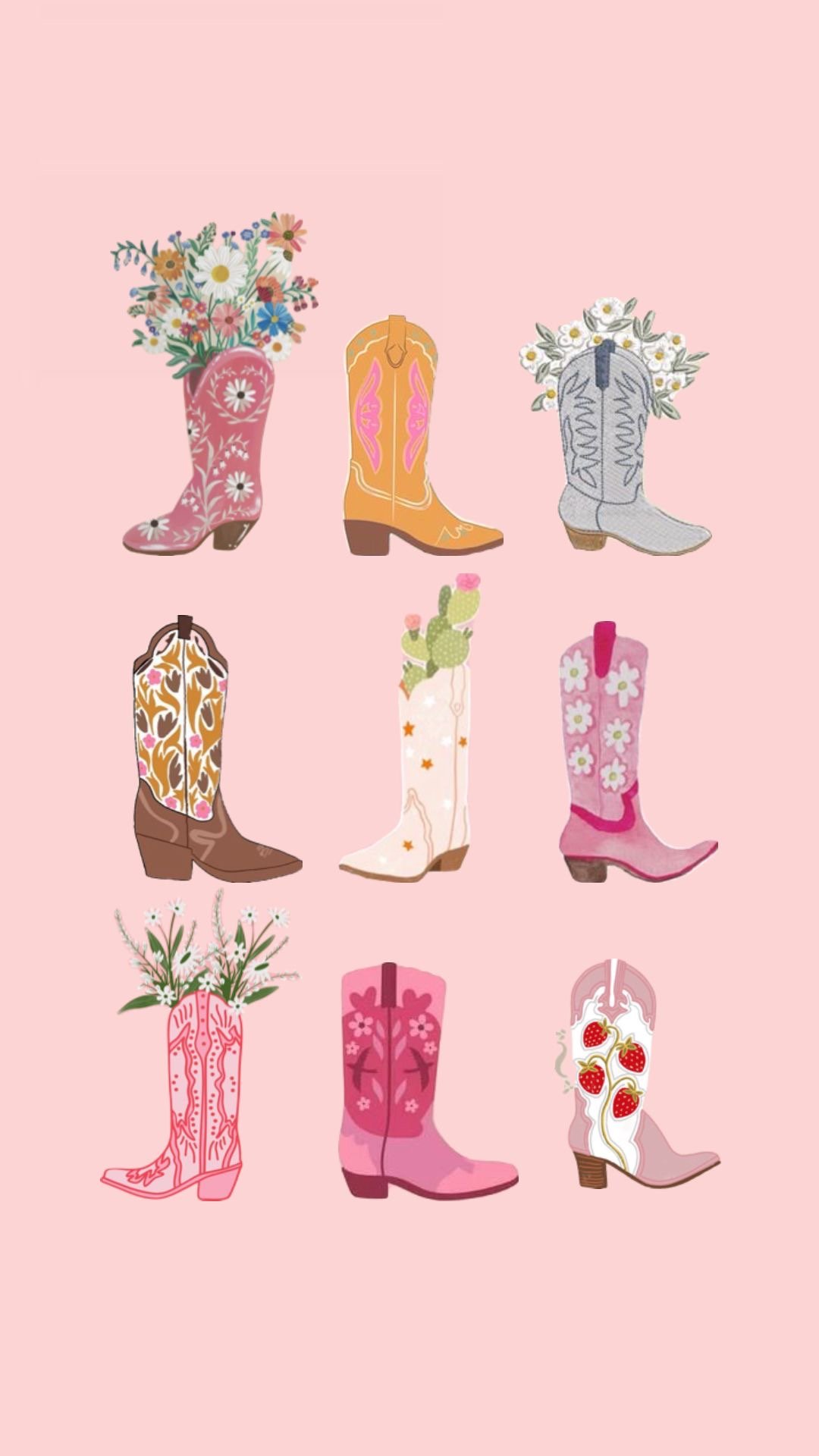 Nine illustrated cowboy boots with floral, fruit, and cactus patterns on a pink background.