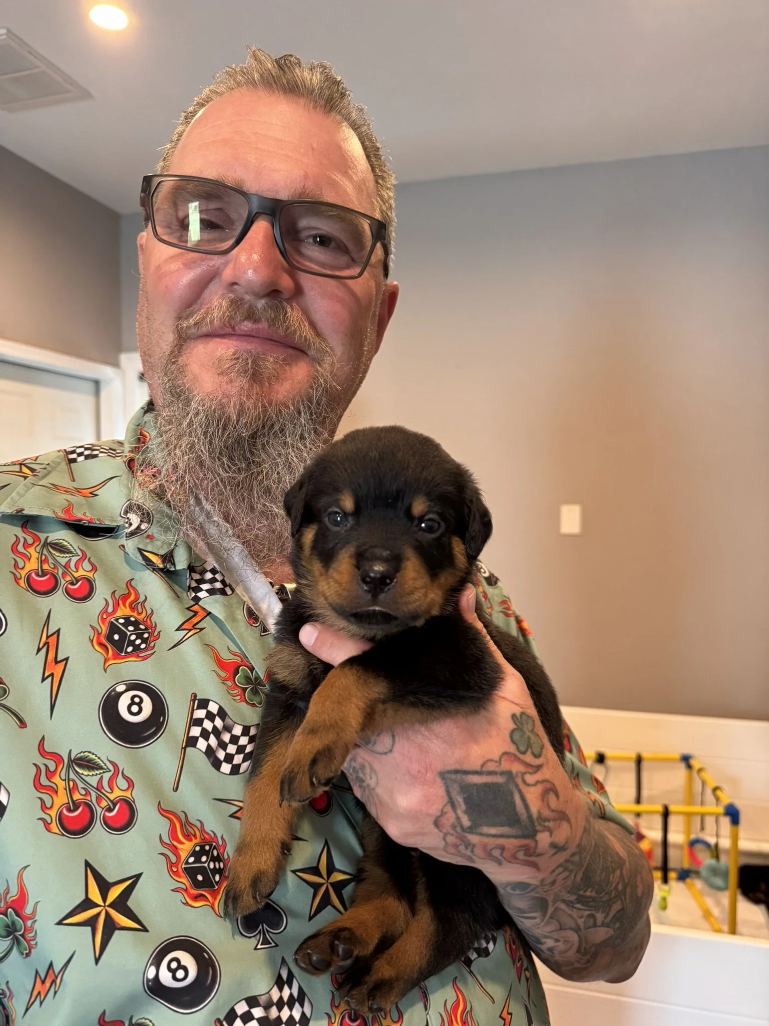 A man wearing glasses and a tattooed arm is holding a Rottweiler puppy. The man is wearing a colorful shirt with a tattoo visible on his arm. The background shows a plain wall and some colorful children's play equipment.