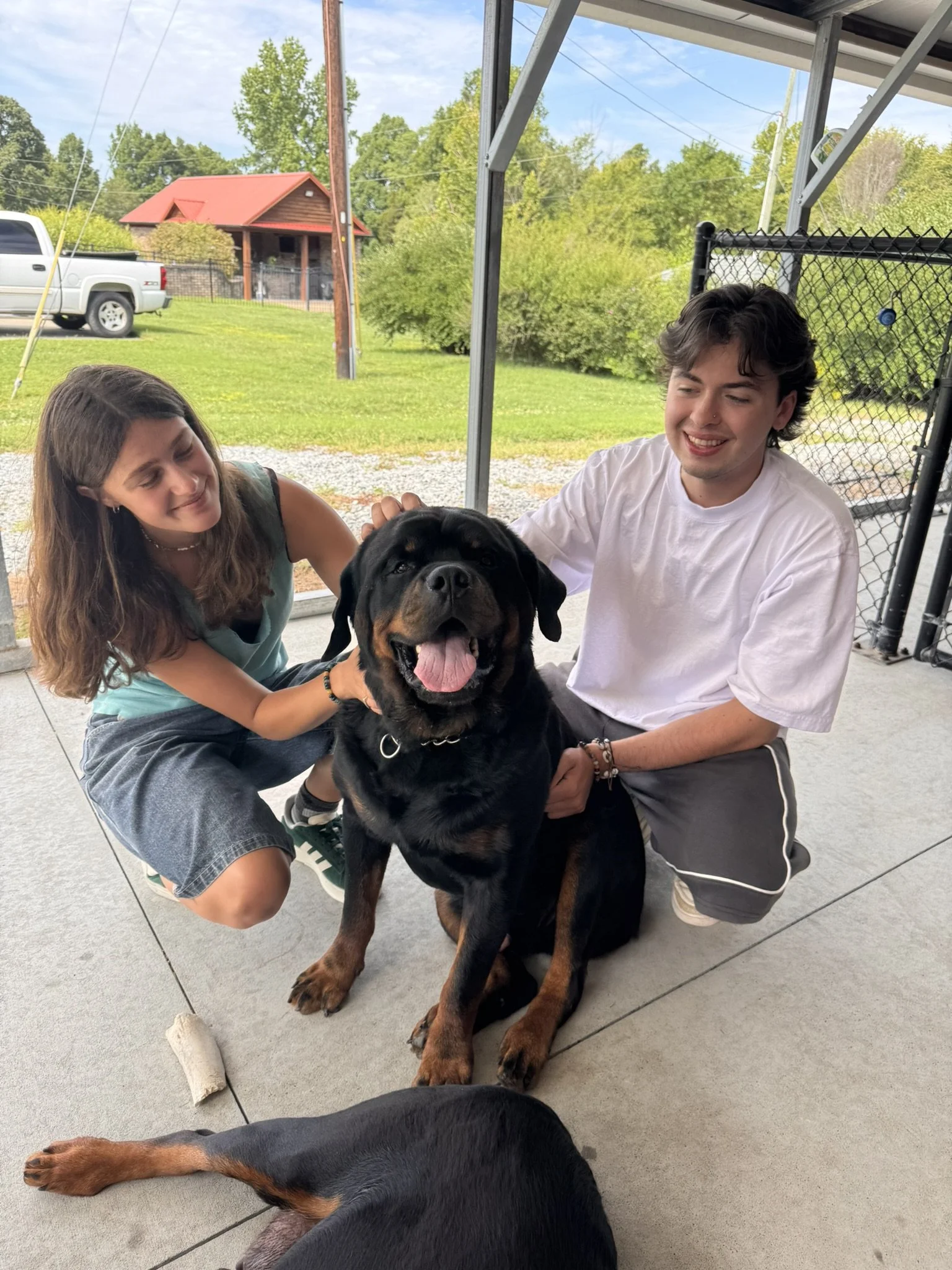 Two people and two Rottweiler dogs on a porch, with a grassy yard and trees in the background.