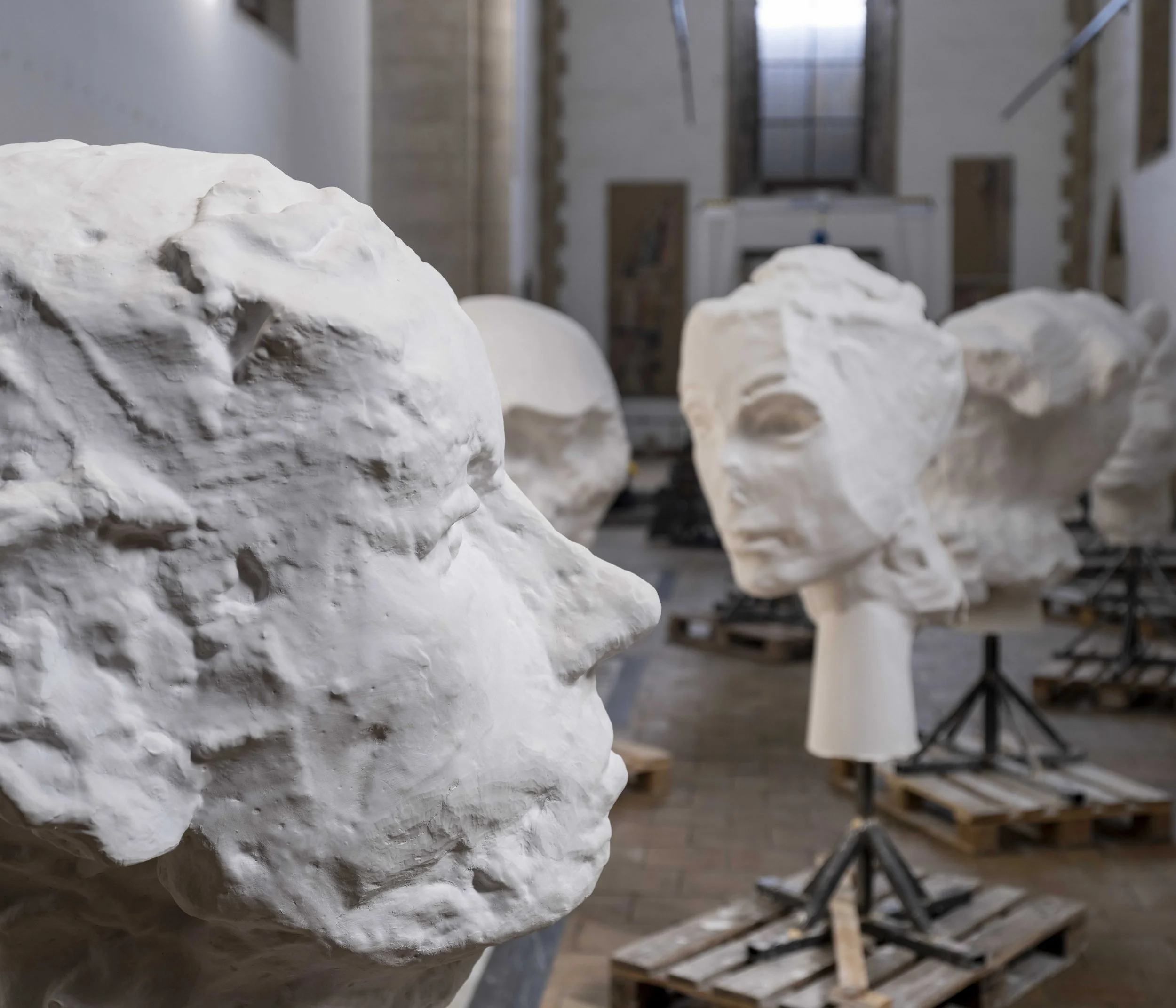 Images of Jim Dine's plaster heads in his new exhibition Elysian Fields