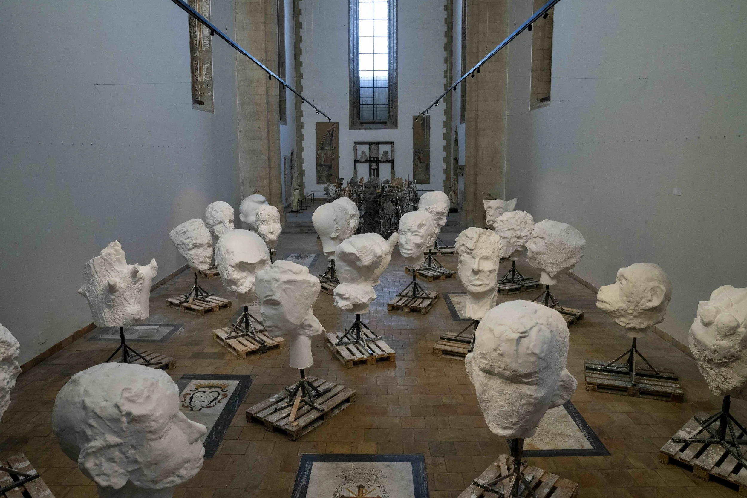 Images of Jim Dine's plaster heads in his new exhibition Elysian Fields