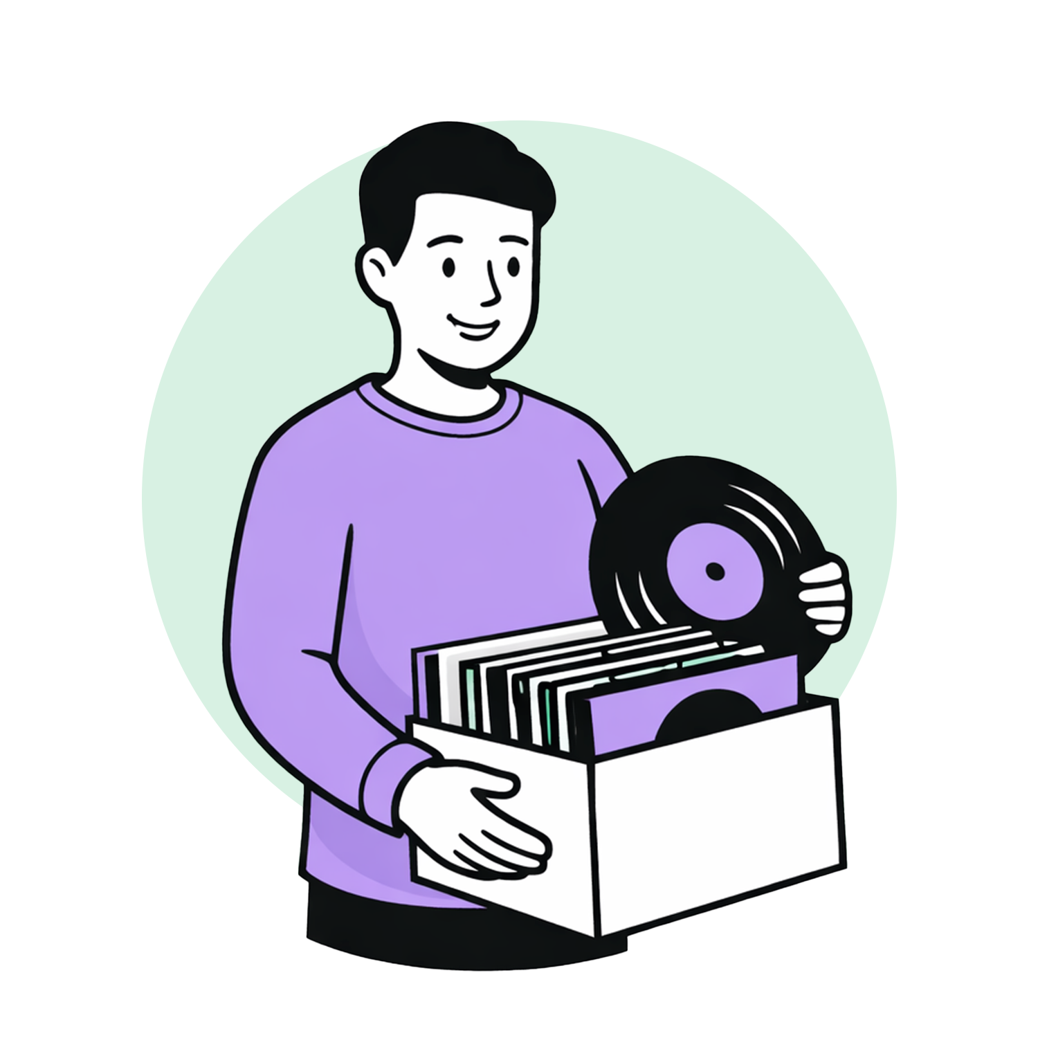 Illustration d'un jeune homme tenant une boîte de disques vinyles, avec certains disques visibles.