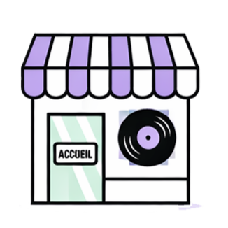 Une façade de magasin avec un panneau 'ACCUEIL' et un tourne-disque à l'entrée.